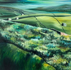 Peinture à l'huile d'un artiste britannique, Yorkshire Dales Green Fields, paysage abstrait