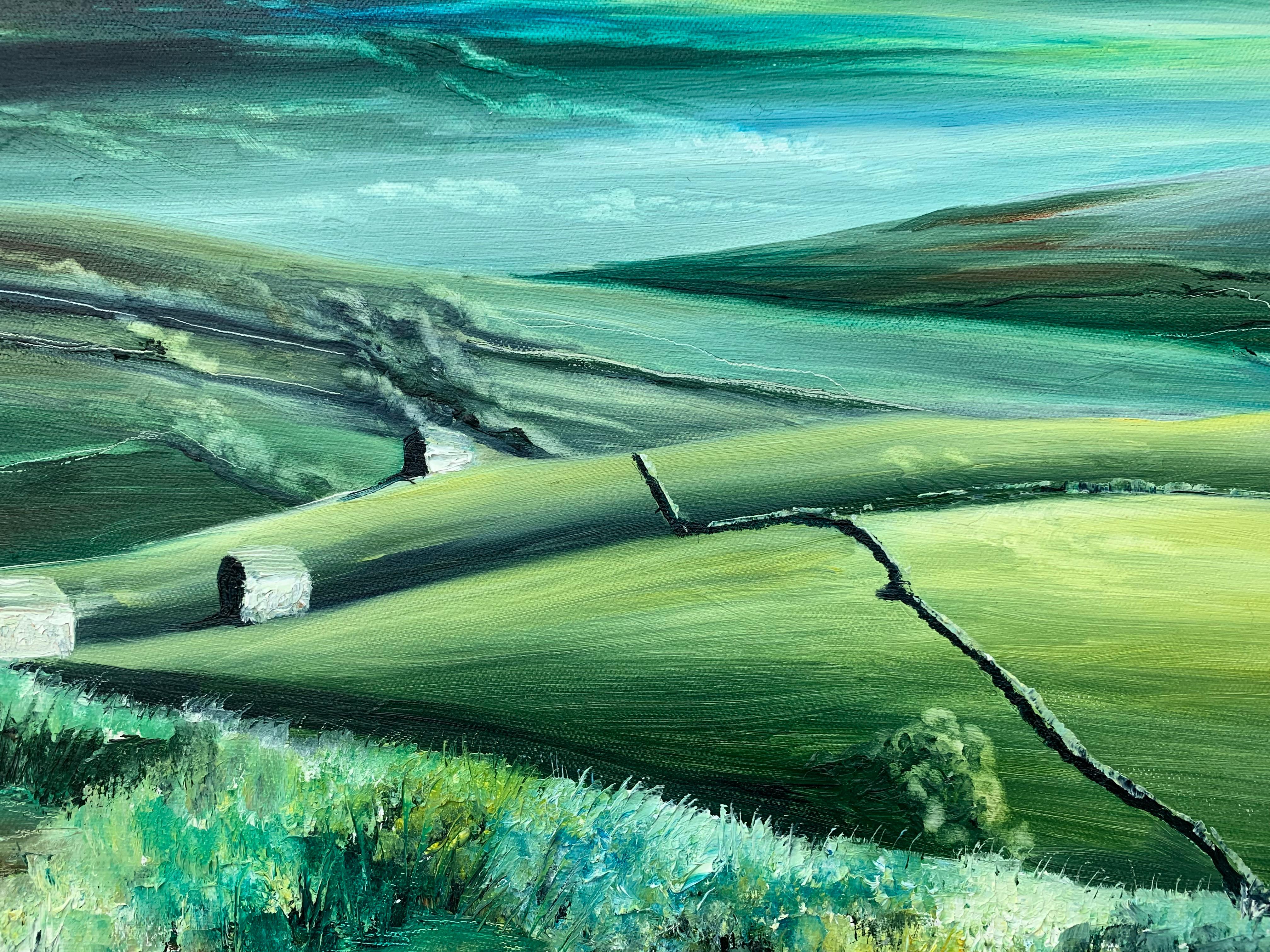 Yorkshire Dales Green Fields Abstract Landscape Oil Painting by British Artist For Sale 1