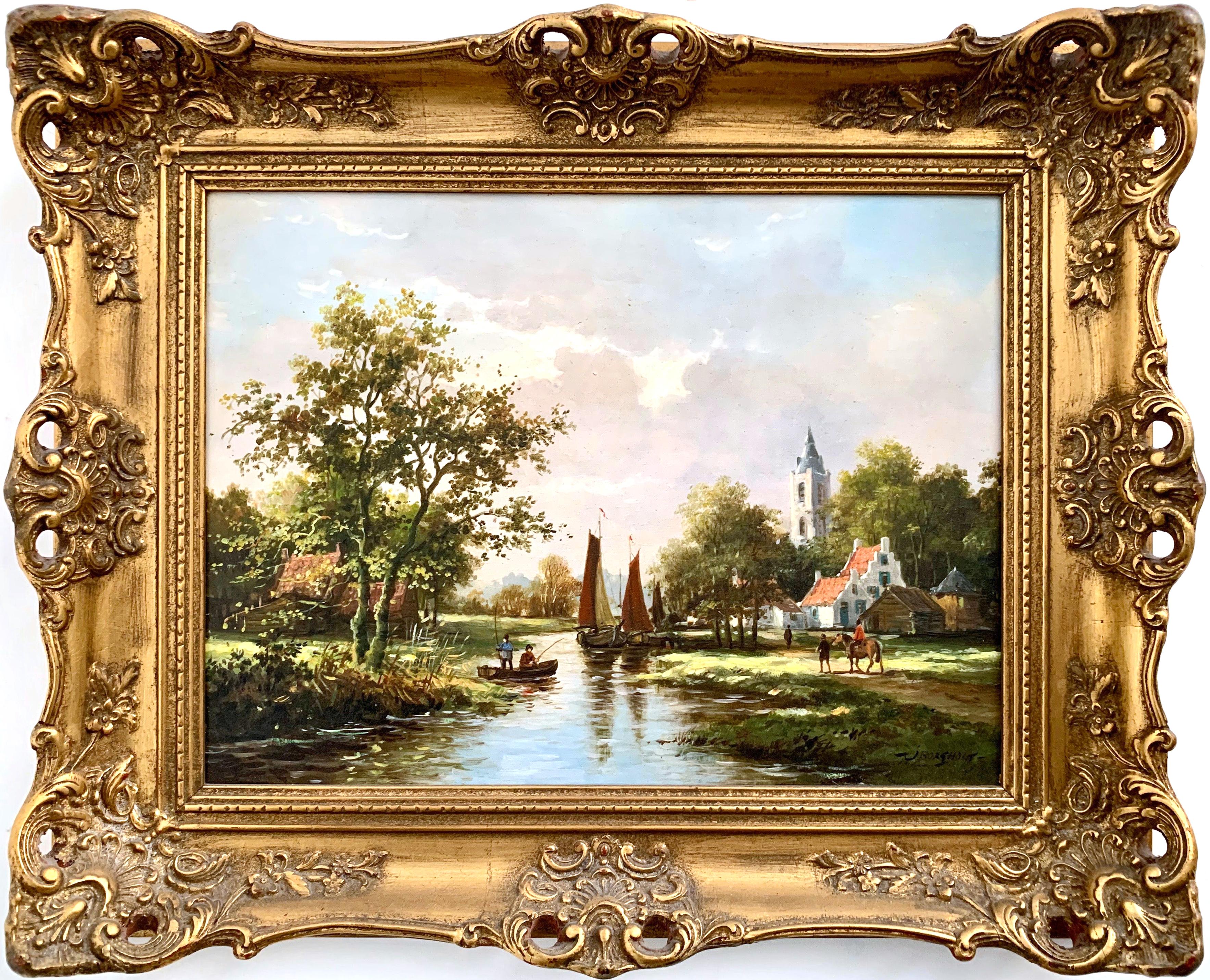 J Borghout Landscape Painting - Classical Traditional 20th Century River Landscape Oil Painting by Dutch Painter
