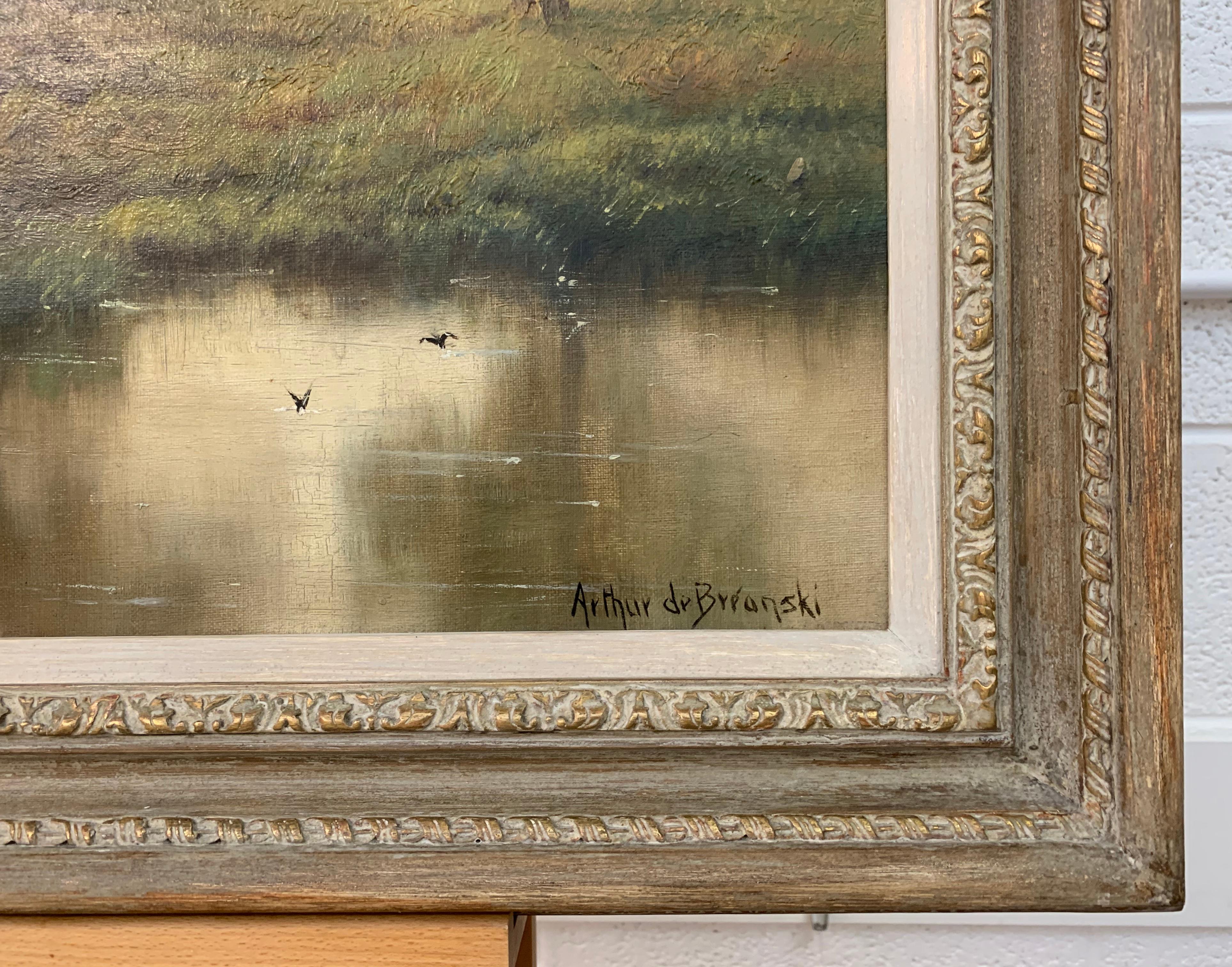 English River Sunset Landscape Oil Painting with Trees, Birds, Fields & Sheep entitled 'Fairy Glen' by highly respected British painter Arthur de Breanski. Presented in the original antique frame.

Art measures 30 x 20 inches
Frame measure 36 x 26