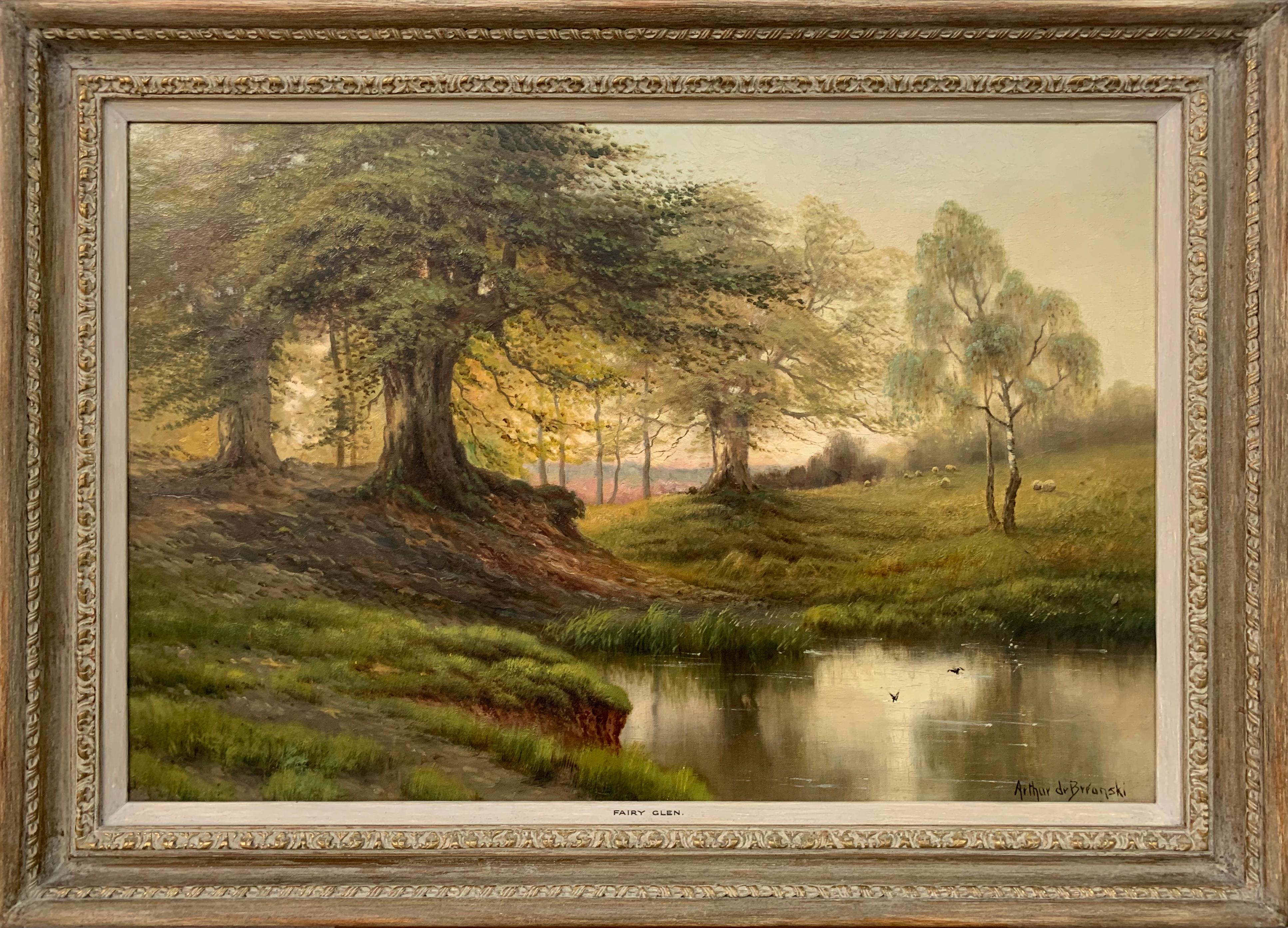 Arthur de Breanski Landscape Painting - English River Sunset Landscape Oil Painting with Trees, Birds, Fields & Sheep