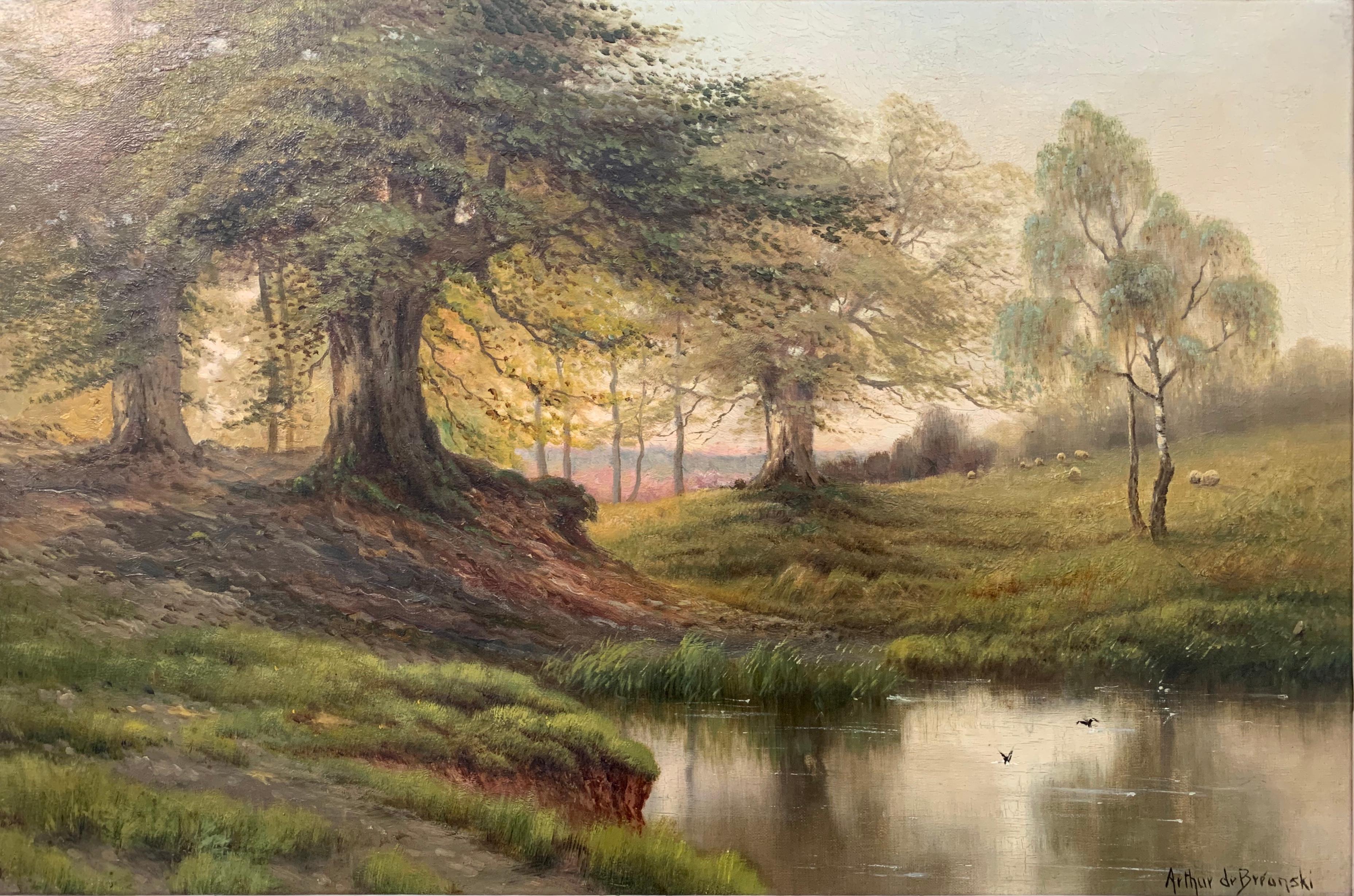 English River Sunset Landscape Oil Painting with Trees, Birds, Fields & Sheep - Brown Landscape Painting by Arthur de Breanski