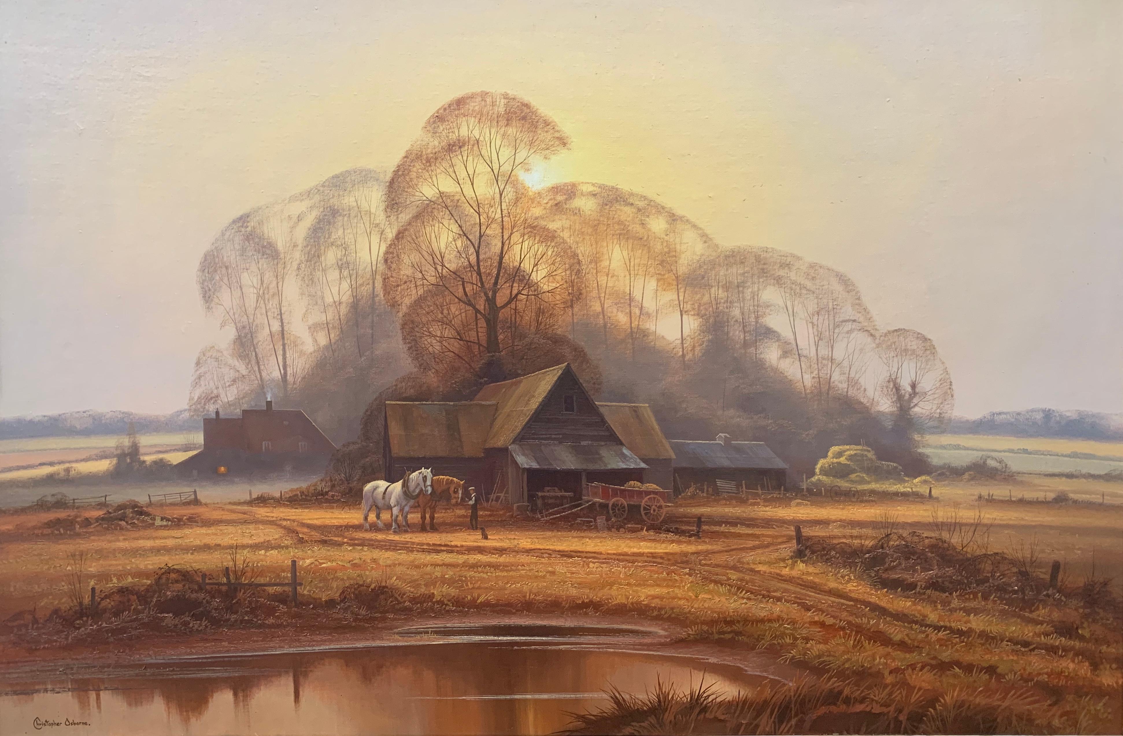 Traditional English Farm with Horses, Fields, Trees & Lake by British Artist - Brown Animal Painting by Christopher Osborne