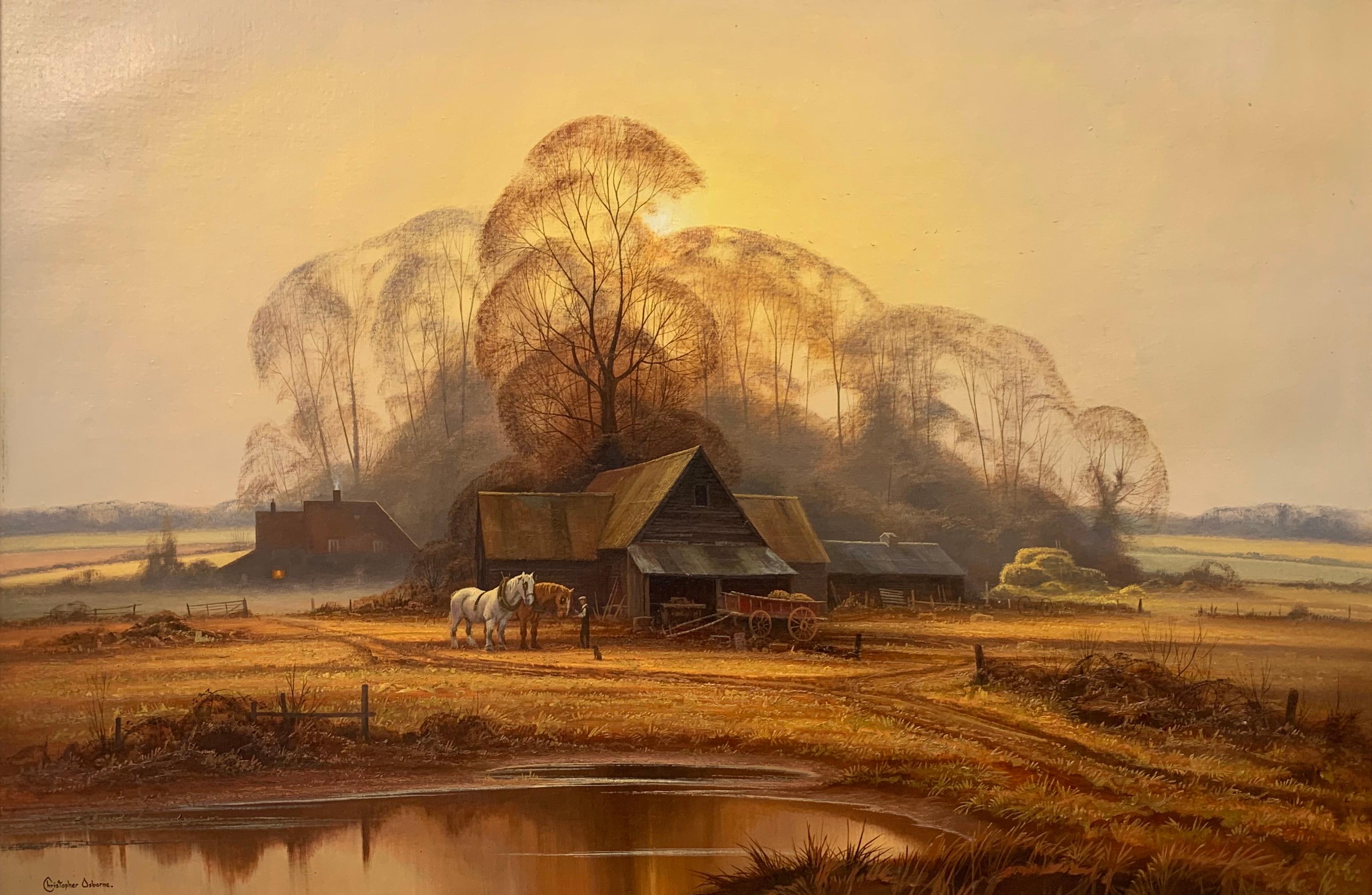Traditional English Farm with Horses, Fields, Trees & Lake by British Artist - Photorealist Painting by Christopher Osborne