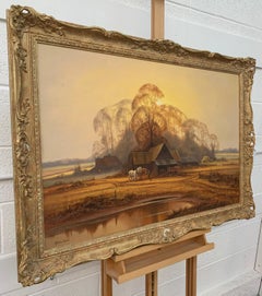 Traditional English Farm with Horses, Fields, Trees & Lake by British Artist