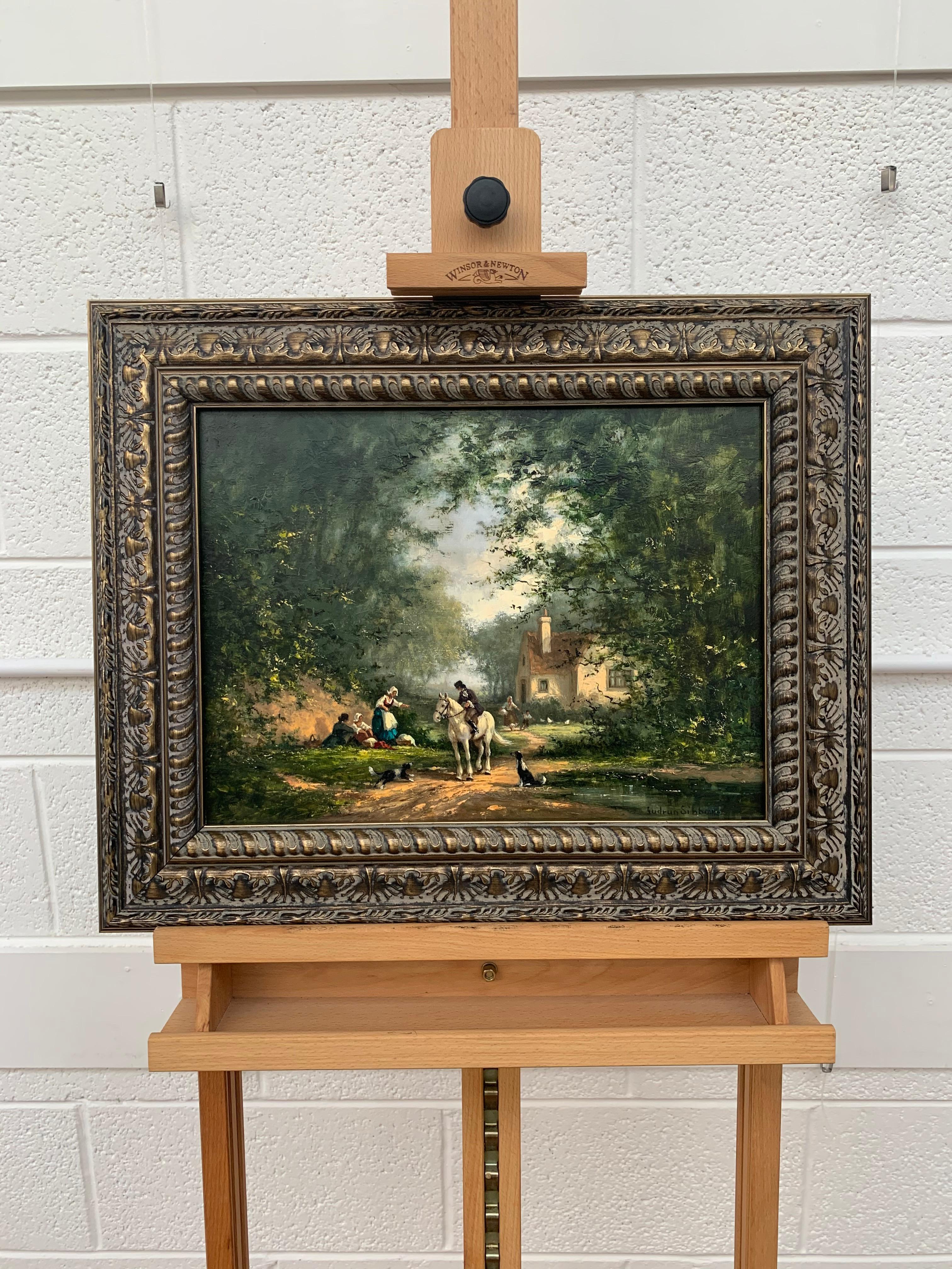 British Oil Painting Figures in Landscape with Man on Horse Two Dogs & a Cottage 3