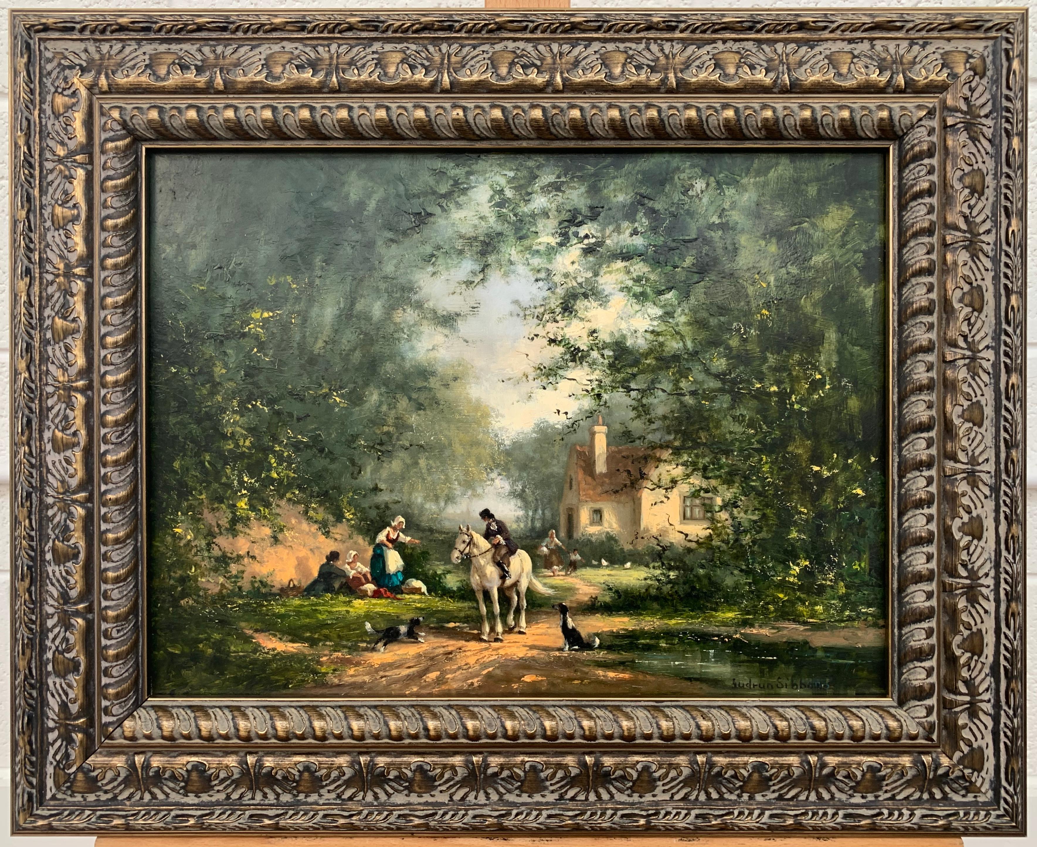 British Oil Painting Figures in Landscape with Man on Horse Two Dogs & a Cottage 4