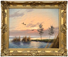 Mallard Ducks in Flight River Landscape Sunset by Dutch Painter Gien Brouwer 
