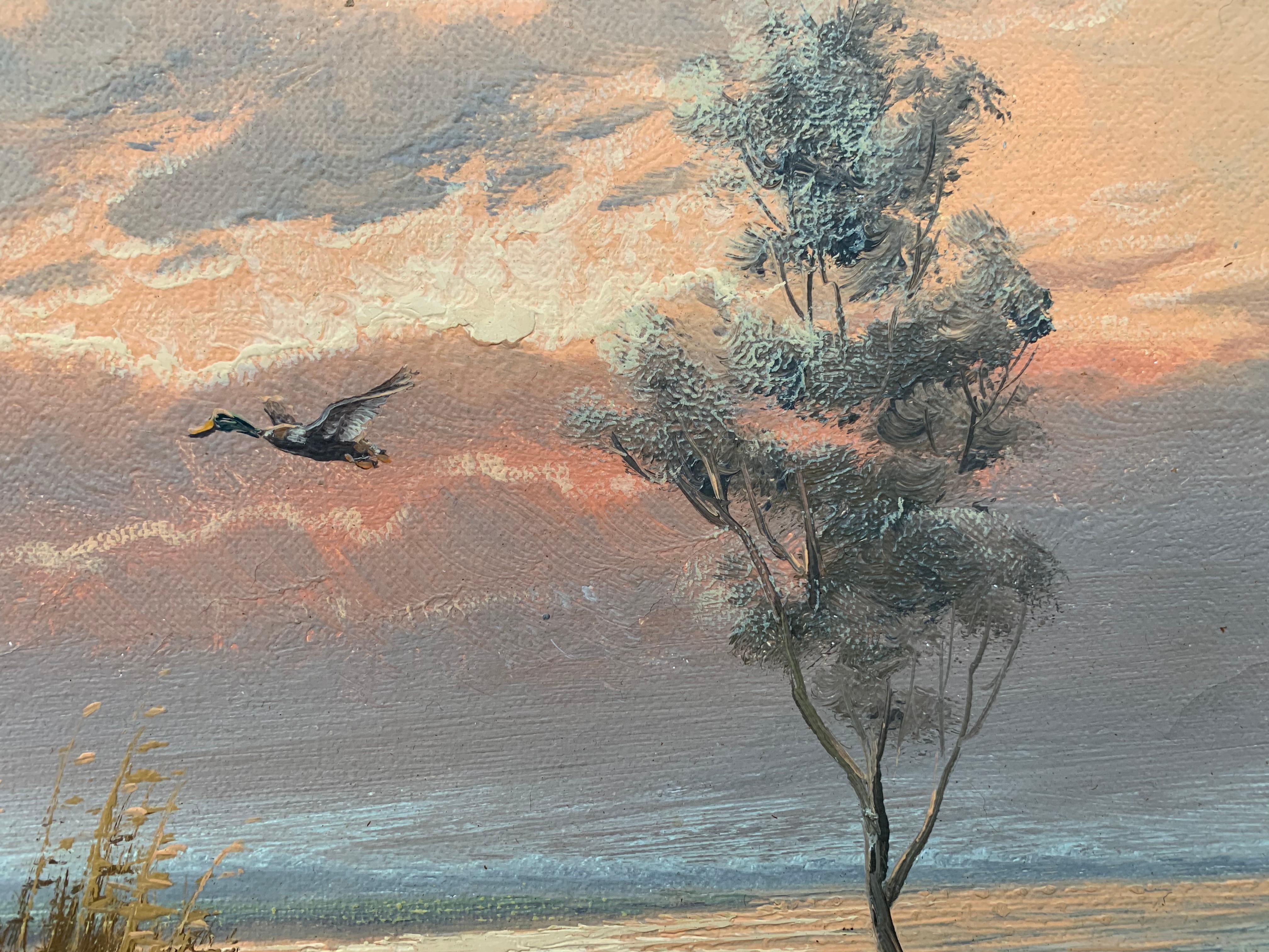 Mallard Ducks in Flight River Landscape Sunset by Dutch Painter Gien Brouwer 2