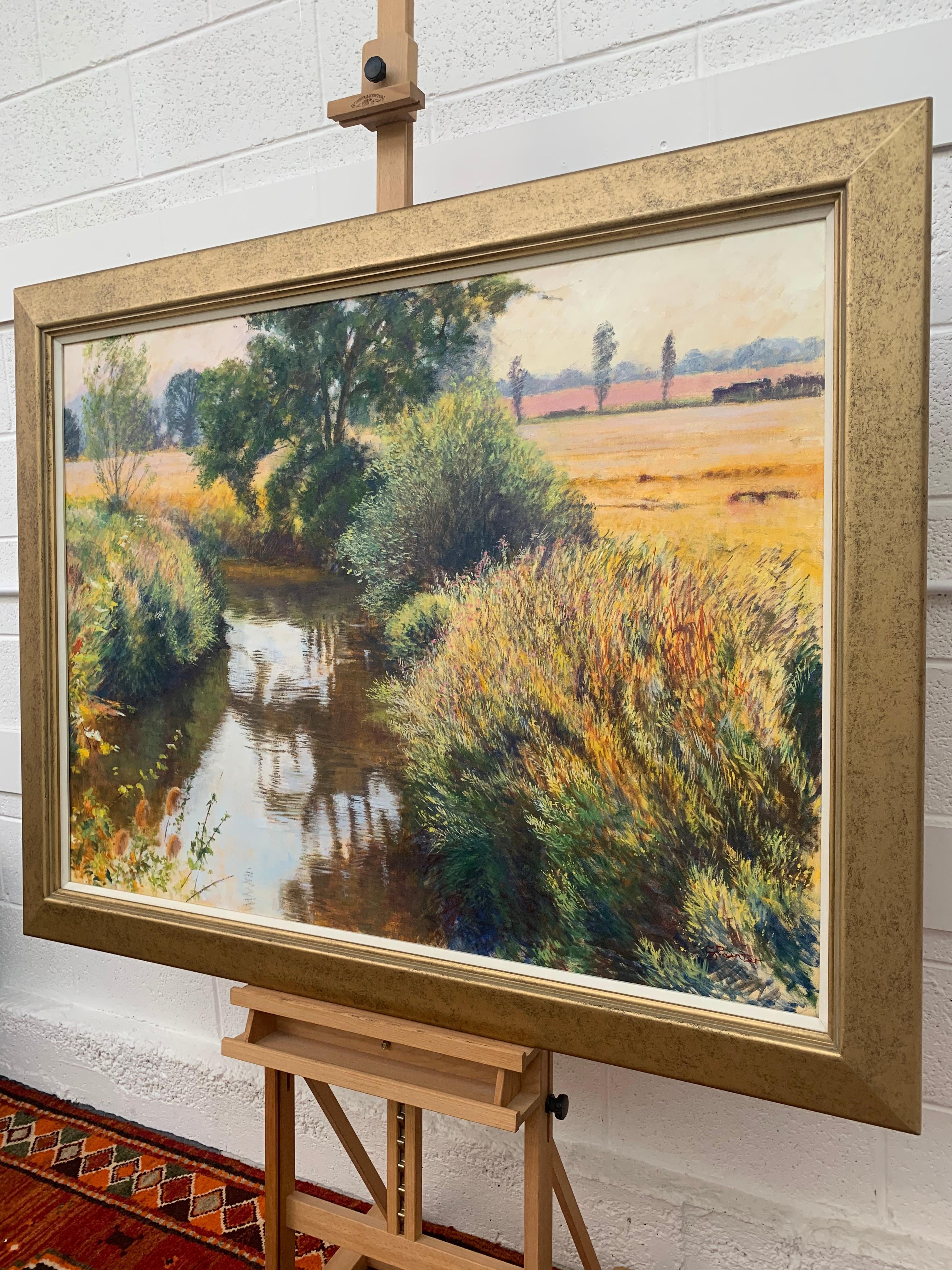 English Summer Stream River Landscape Original Oil Painting by Artist Graham Painter (British 20th Century, 1947-2007).
Country Stream, Oil on Canvas, framed in a high quality gold moulding.

Art measures 49.5 x 35.5 inches
Frame measures 57 x 43