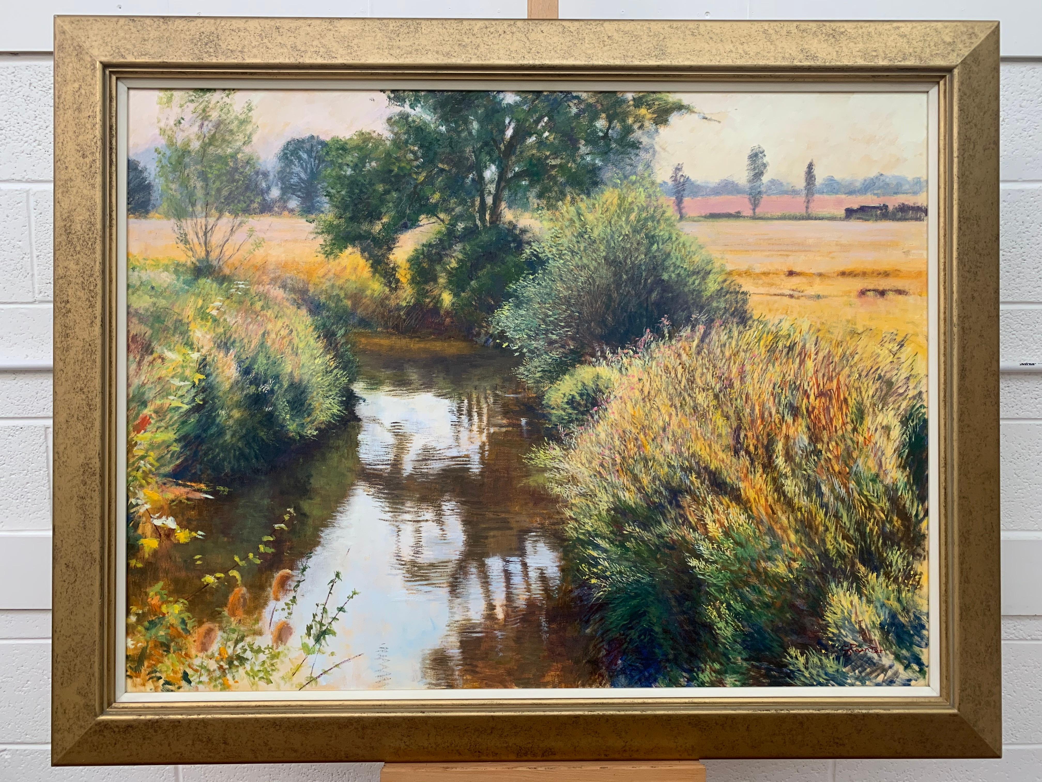 English Summer Stream River Landscape Original Oil Painting by British Artist - Brown Landscape Painting by Graham Painter