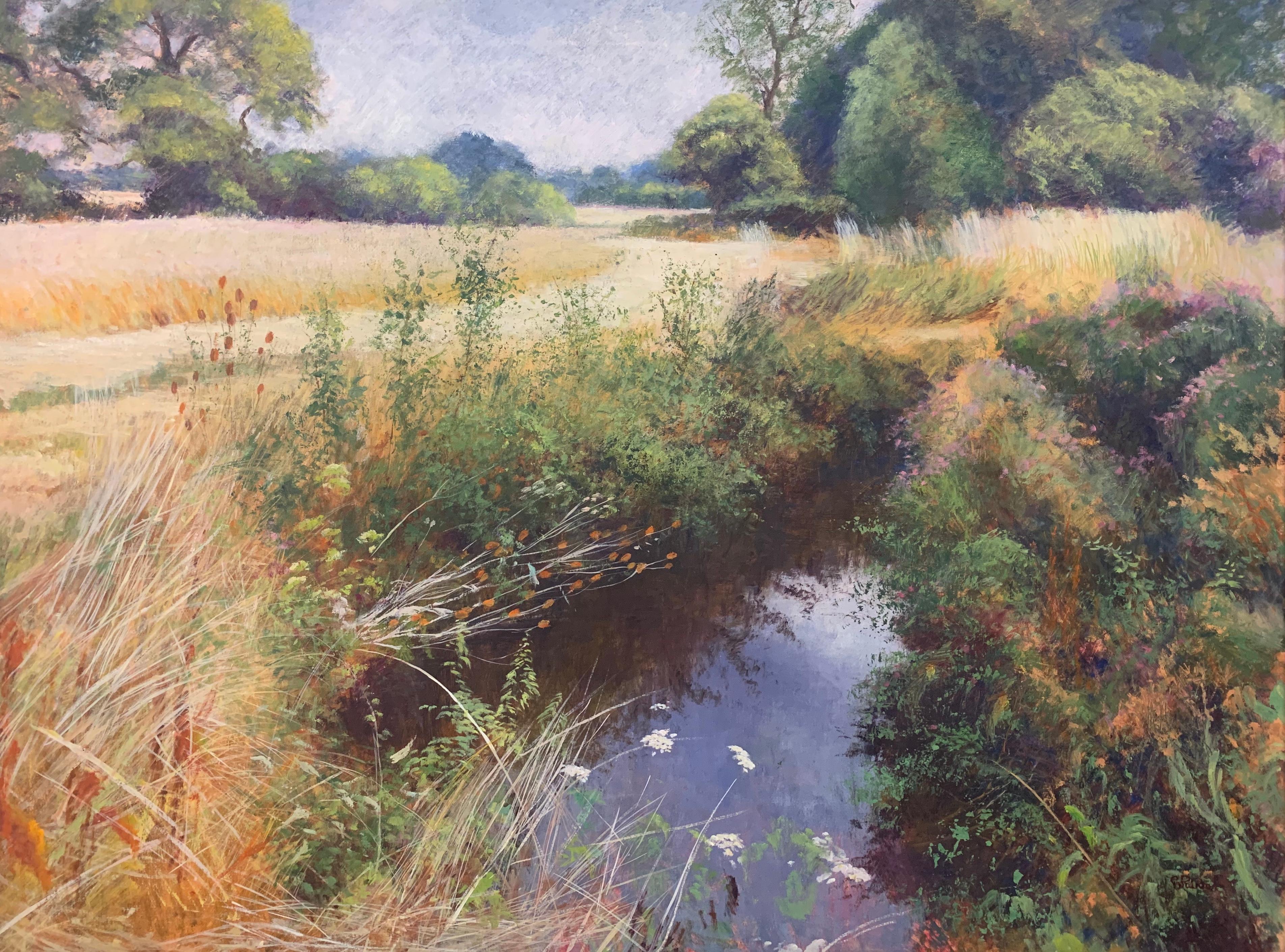 English High Summer Riverbank Landscape Original Oil Painting by British Artist 2