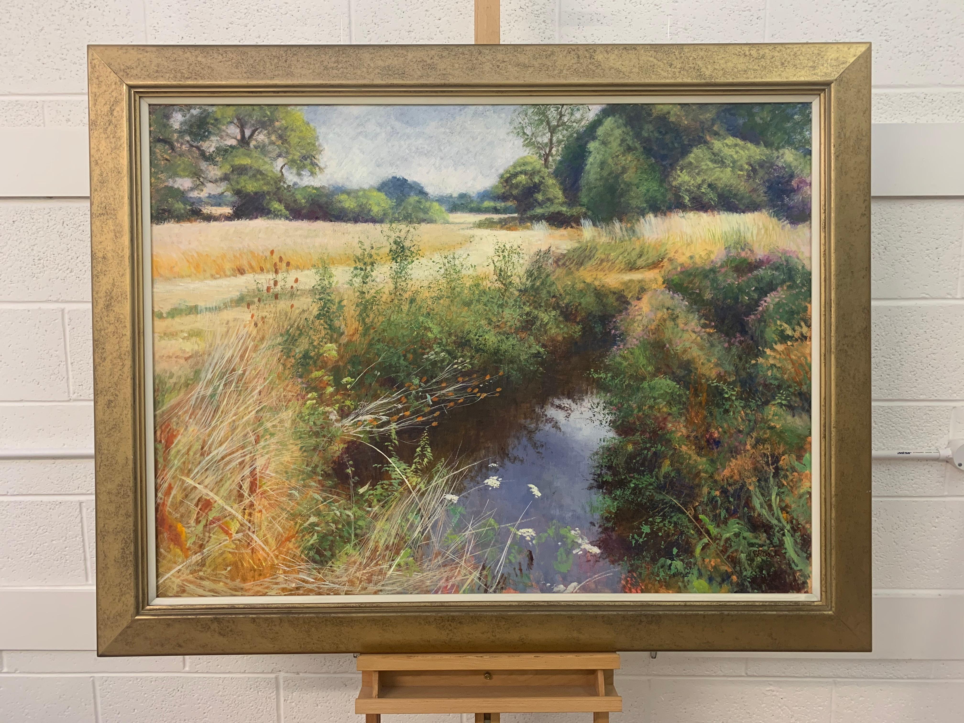 English High Summer Riverbank Landscape Original Oil Painting by Artist Graham Painter (British 20th Century, 1947-2007).
Country Stream, Oil on Canvas, framed in a high quality gold moulding.

Art measures 49.5 x 35.5 inches
Frame measures 57 x 43