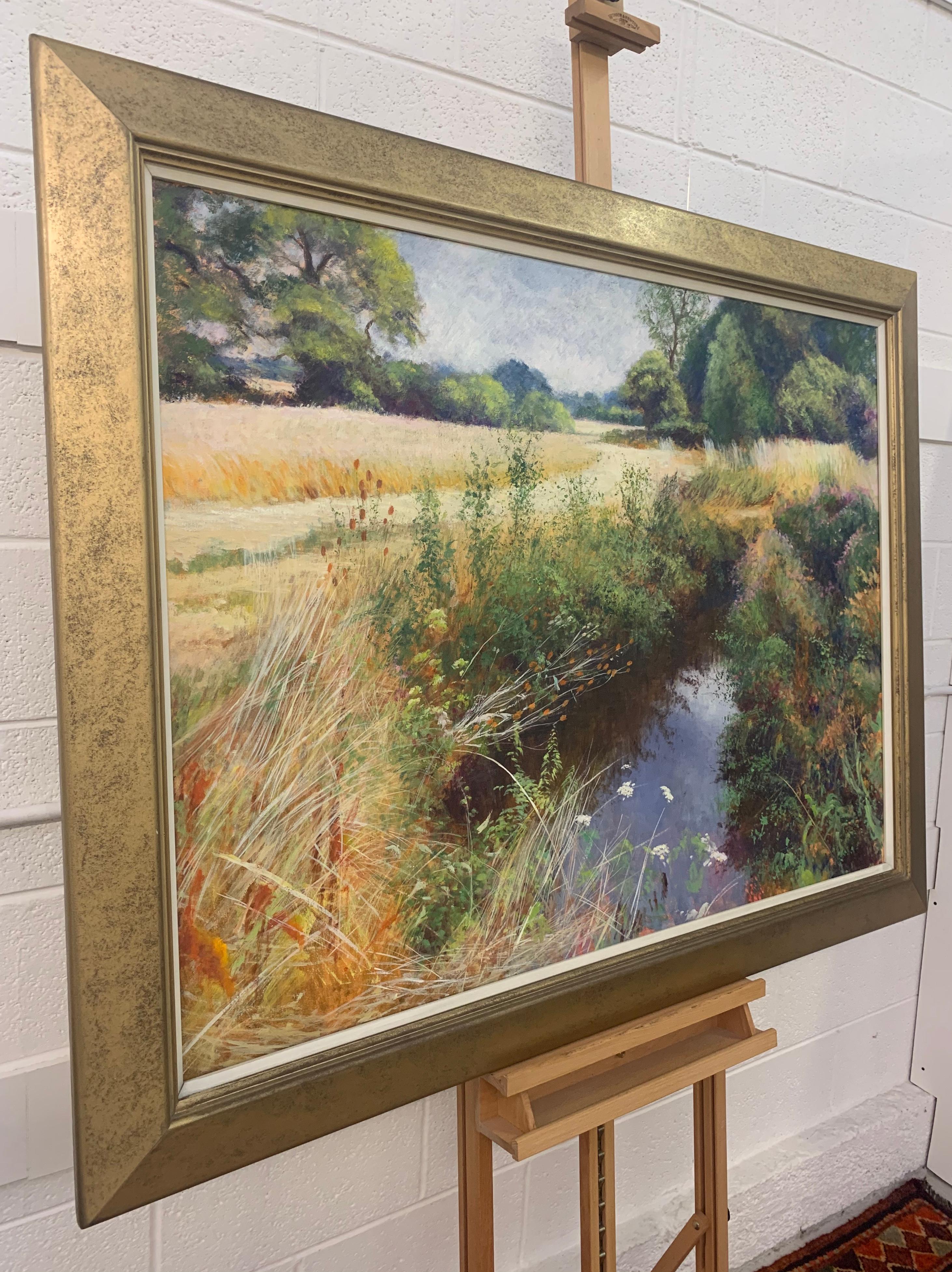English High Summer Riverbank Landscape Original Oil Painting by British Artist - Brown Landscape Art by Graham Painter