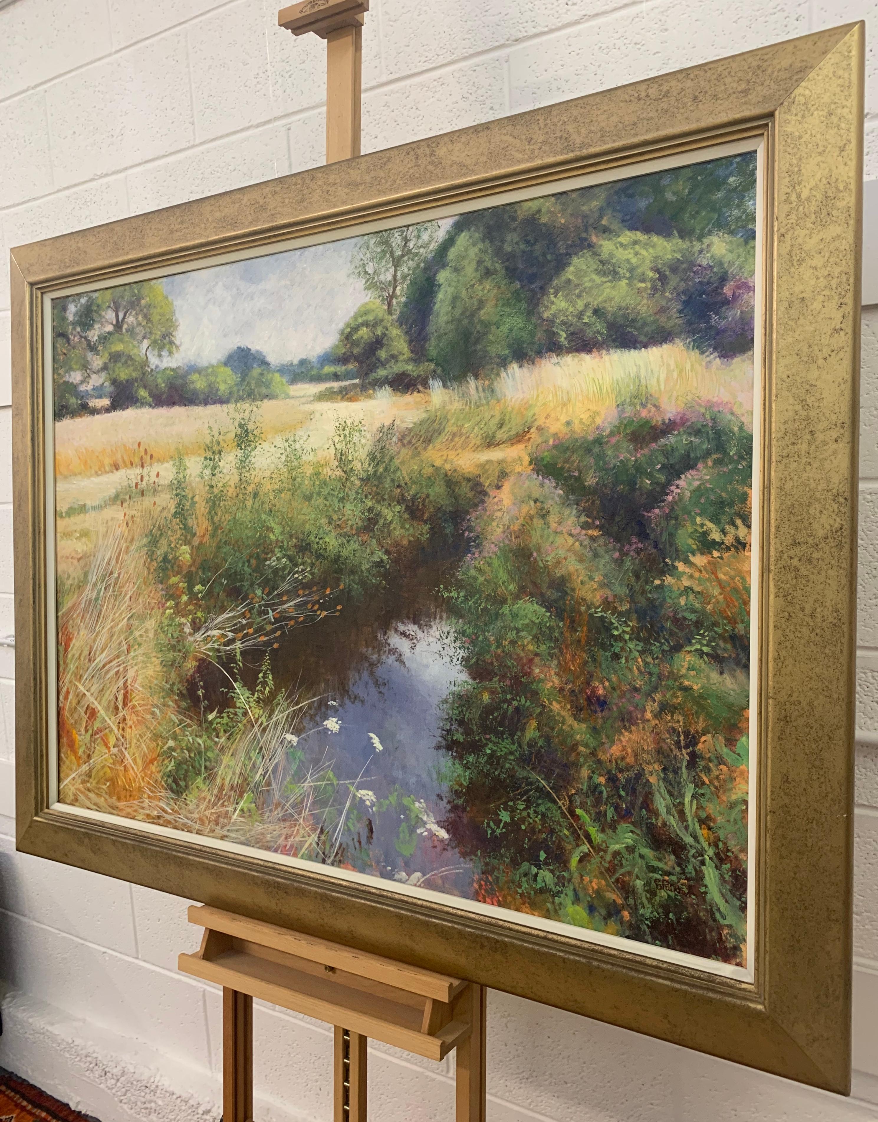 English High Summer Riverbank Landscape Original Oil Painting by British Artist 1