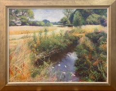 Englische englische High Summer Riverbank-Landschaft, Original-Ölgemälde des britischen Künstlers