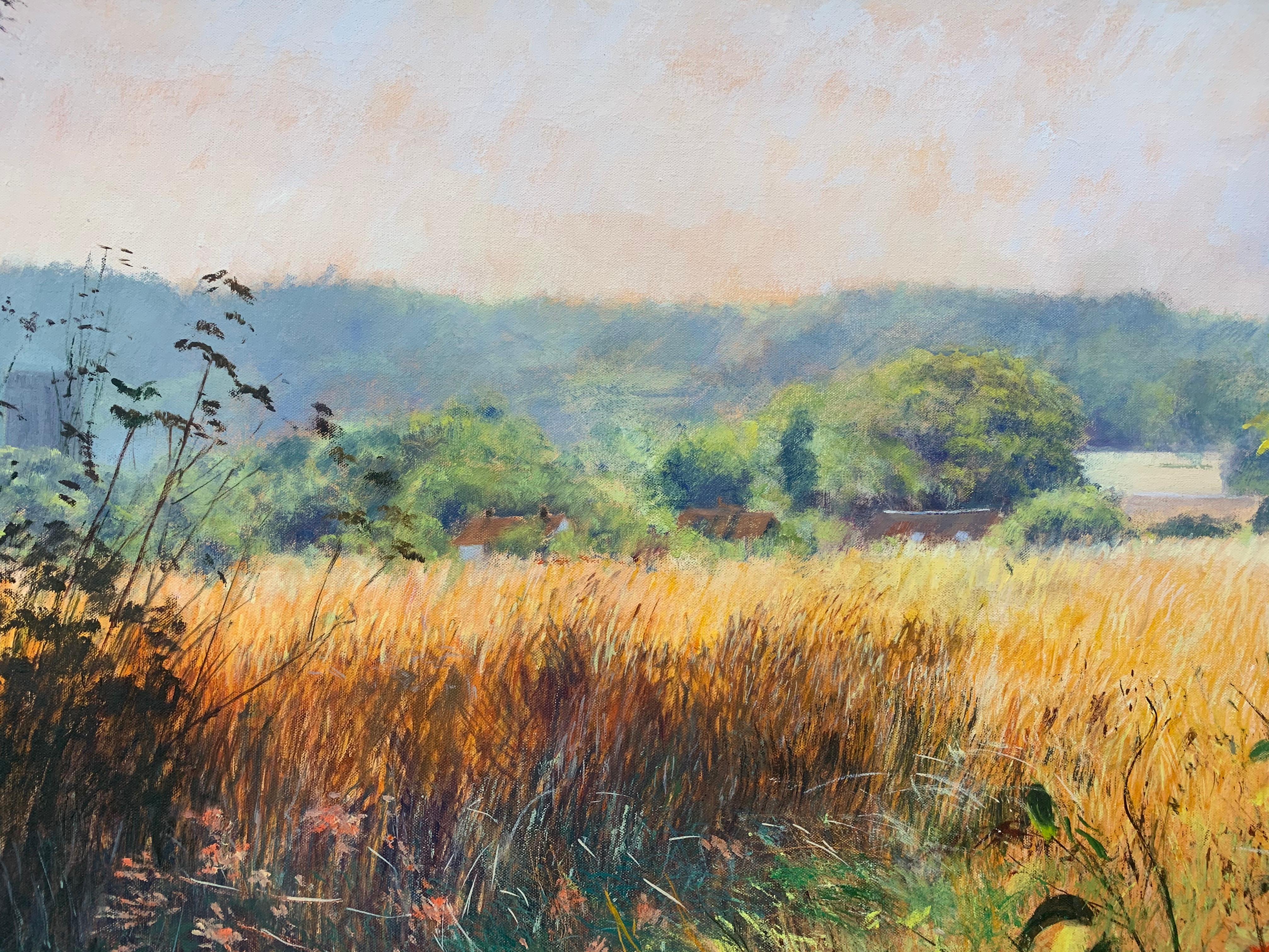 English Summer Norfolk Rural Landscape an Original Oil Painting by Artist Graham Painter (British 20th Century, 1947-2007).
Norfolk Landscape, Oil on Canvas, framed in a large high quality gold moulding.

Art measures 34 x 30 inches
Frame measures