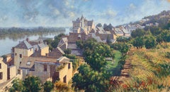El Loira Montsoreau Francia Paisaje Arte Pastel por Artista Británico del Siglo XX