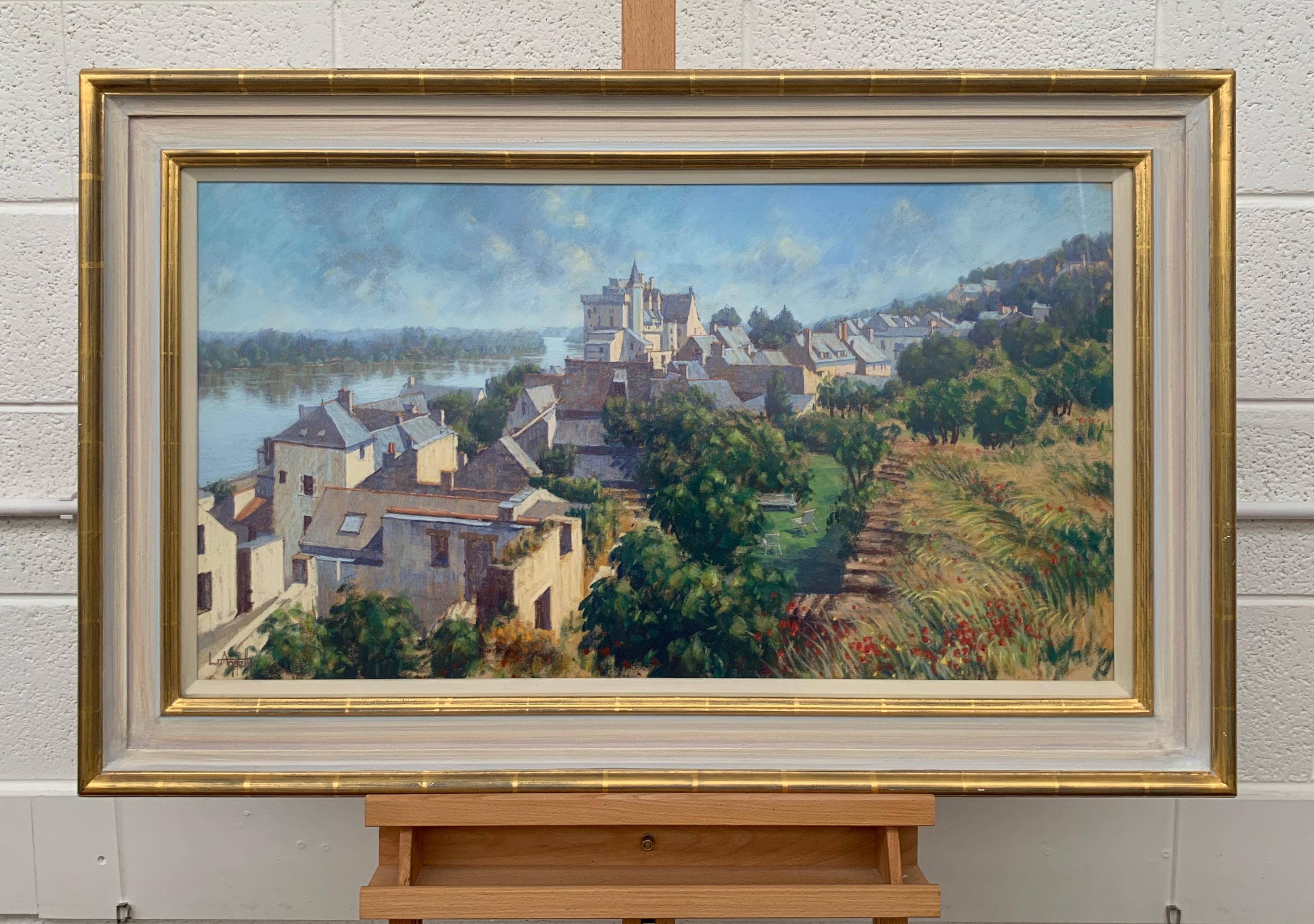 The Loire Valley Montsoreau France Landscape Pastel Art by British 20th Century Artist Lionel Aggett (1938-2009).
Signed front and rear, framed behind glass in a high quality gold and cream shabby chic moulding. 

Art measures 32 x 16 inches
Frame