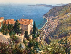 Eze Cote d'Azur Paysage de Côte d'Azur Paysage français Pastel Art de l'artiste britannique du 20ème siècle