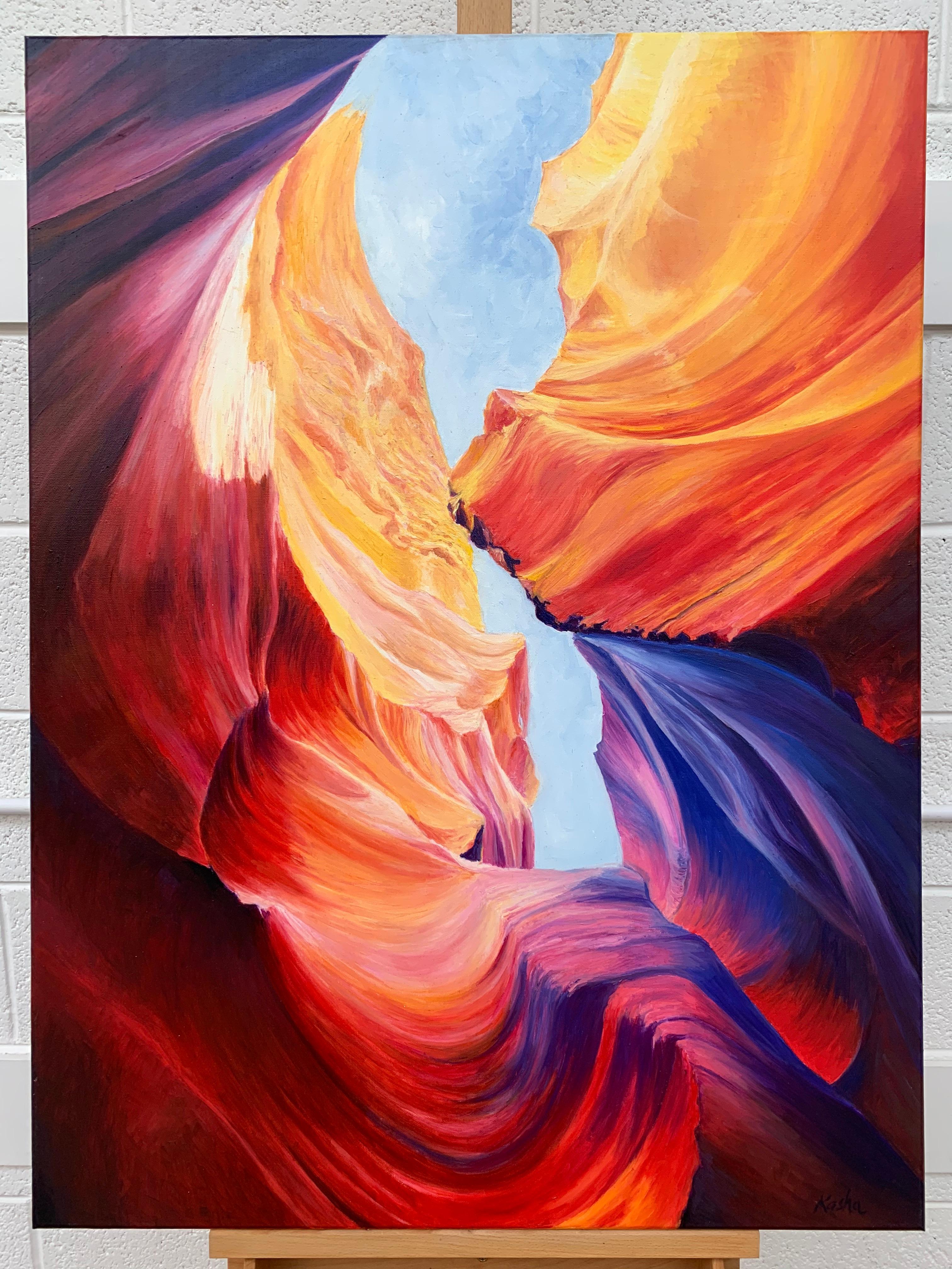 Red Blue & Purple Modern Abstract Painting of Inside Antelope Canyon Arizona by Polish Artist Katarzyna Szulc. This original oil painting is part of an inspired body of work based on one of the most significant rock formations in the world - the
