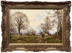 Peinture à l'huile traditionnelle d'une campagne anglaise avec des chevaux par un artiste britannique