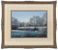 Winter Landscape Watercolour with Trees, River & Church by Modern British Artist