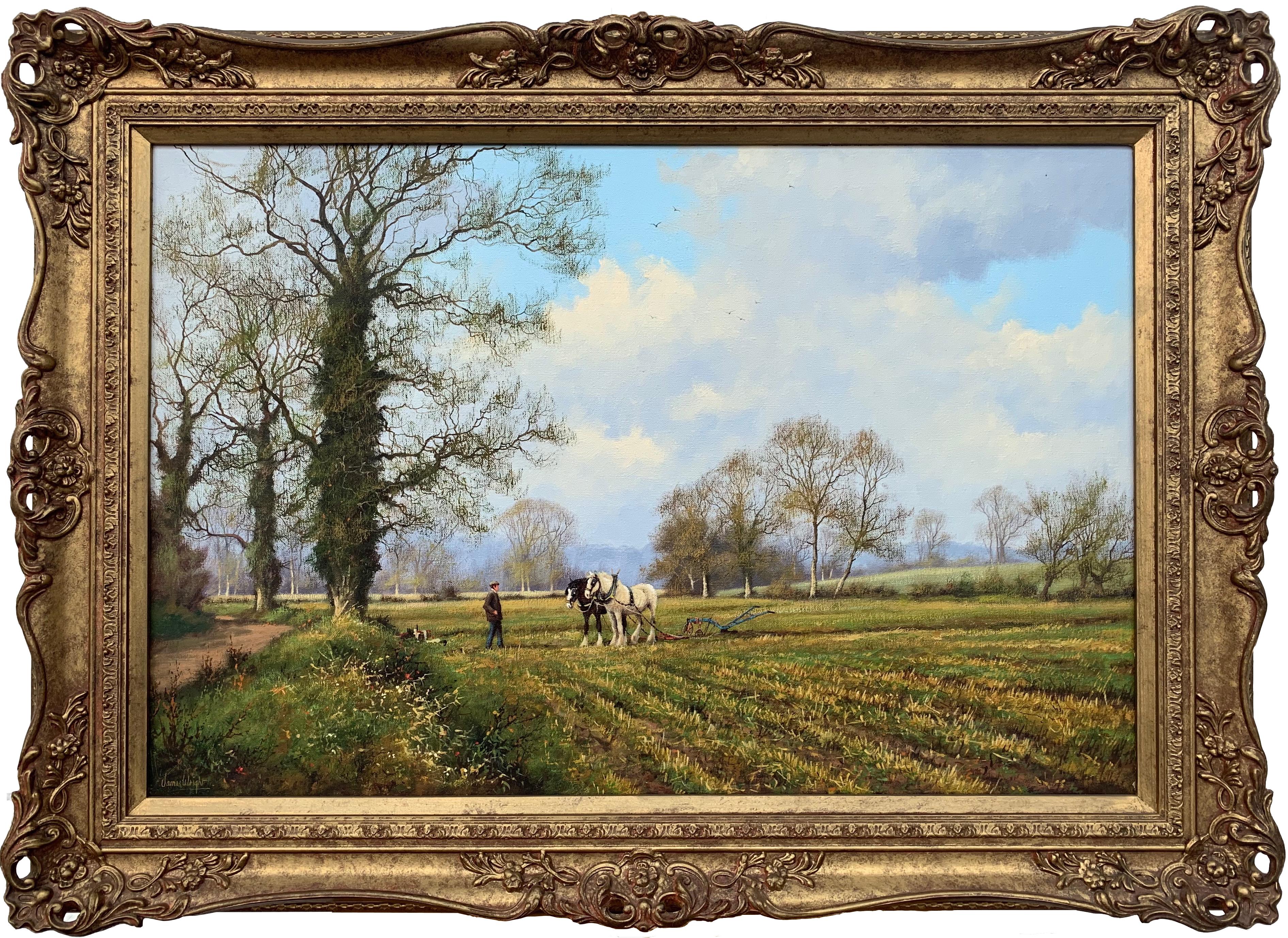 James Wright Animal Painting - Oil Painting of the English Countryside with Horses by Modern British Artist