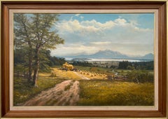Alpine Haymaking 20th Century Realist Oil Painting by German Landscape Artist 