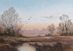 Mallards over Wetlands in the English Countryside by 20th Century British Artist