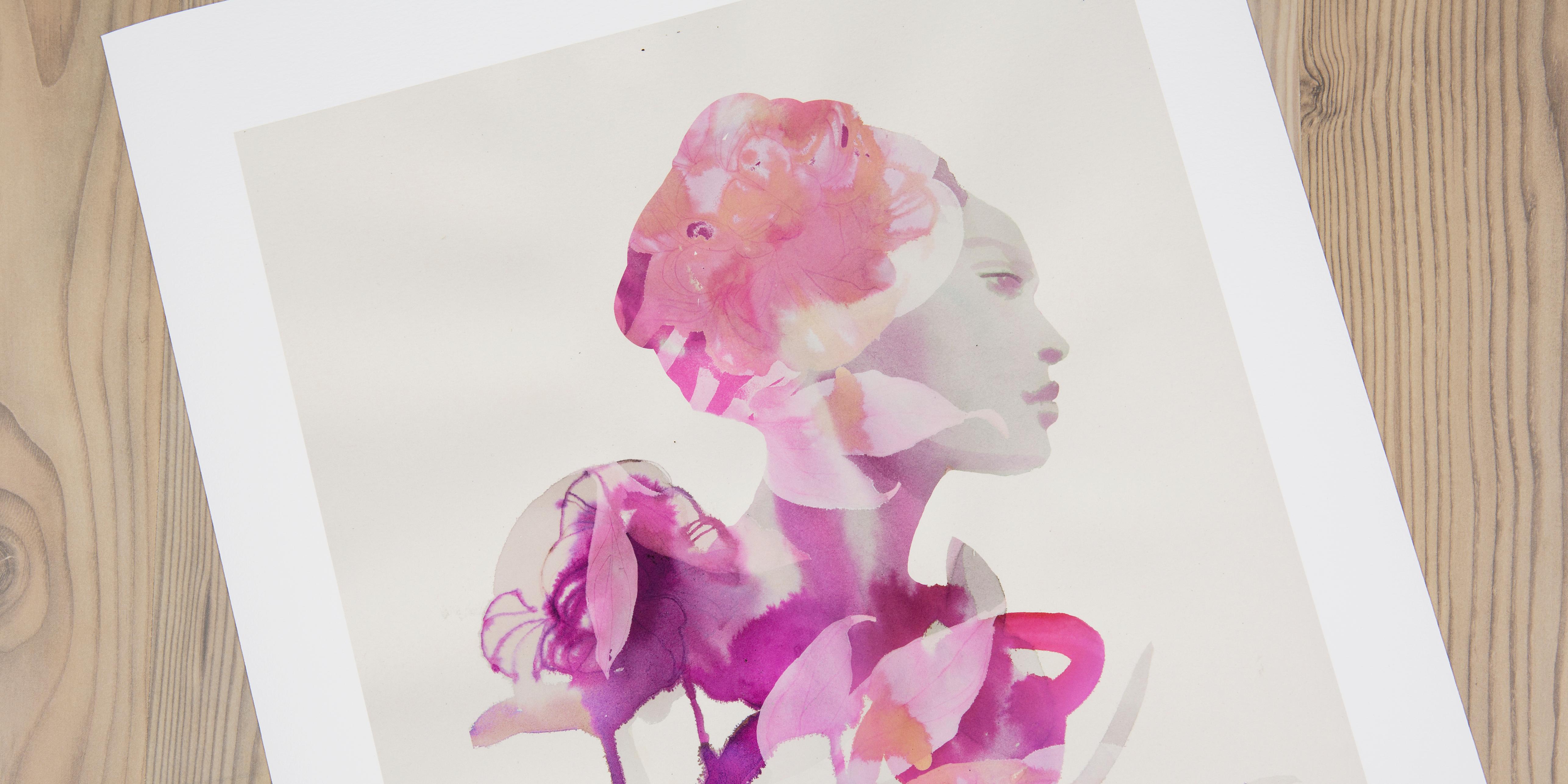 A magical take on fashion. A watercolor painting of a woman in thought beneath the flattering drapes of a purple floral design interpreted by a trusted art ally. 