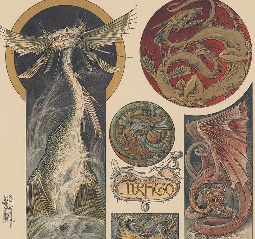 Das Thier (The Animal), Plate No. 12
Anton Seder (1850-1916)
Antique lithograph
1896

Incredibly rare mythological and mystical lithograph of dragons illustrated in an Art Nouveau style.