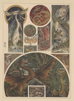 Dragons - large "Draco" Art Nouveau lithograph in brown tones Anton Seder, 1896