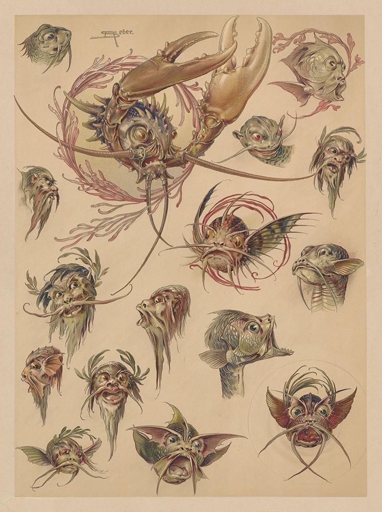 Anton Seder Print - Psychedelic Sea creatures, Crabs - German Art Nouveau lithograph, 1896