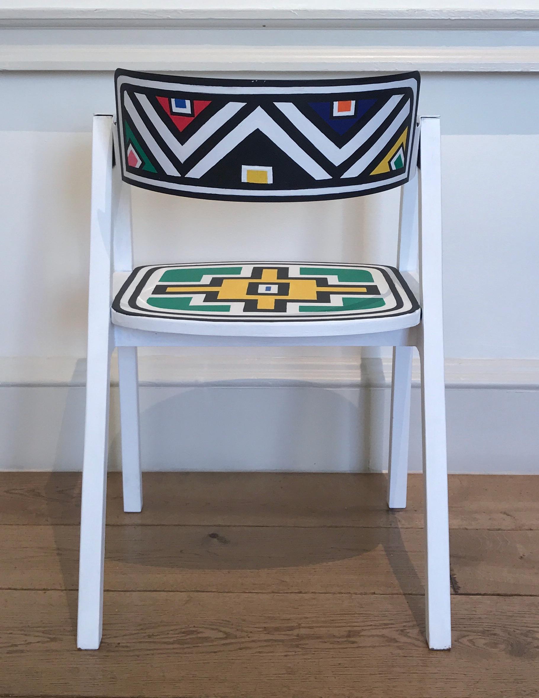 Untitled (Colorful Geometric Hand-Painted South African Chairs) - Art by Esther Mahlangu