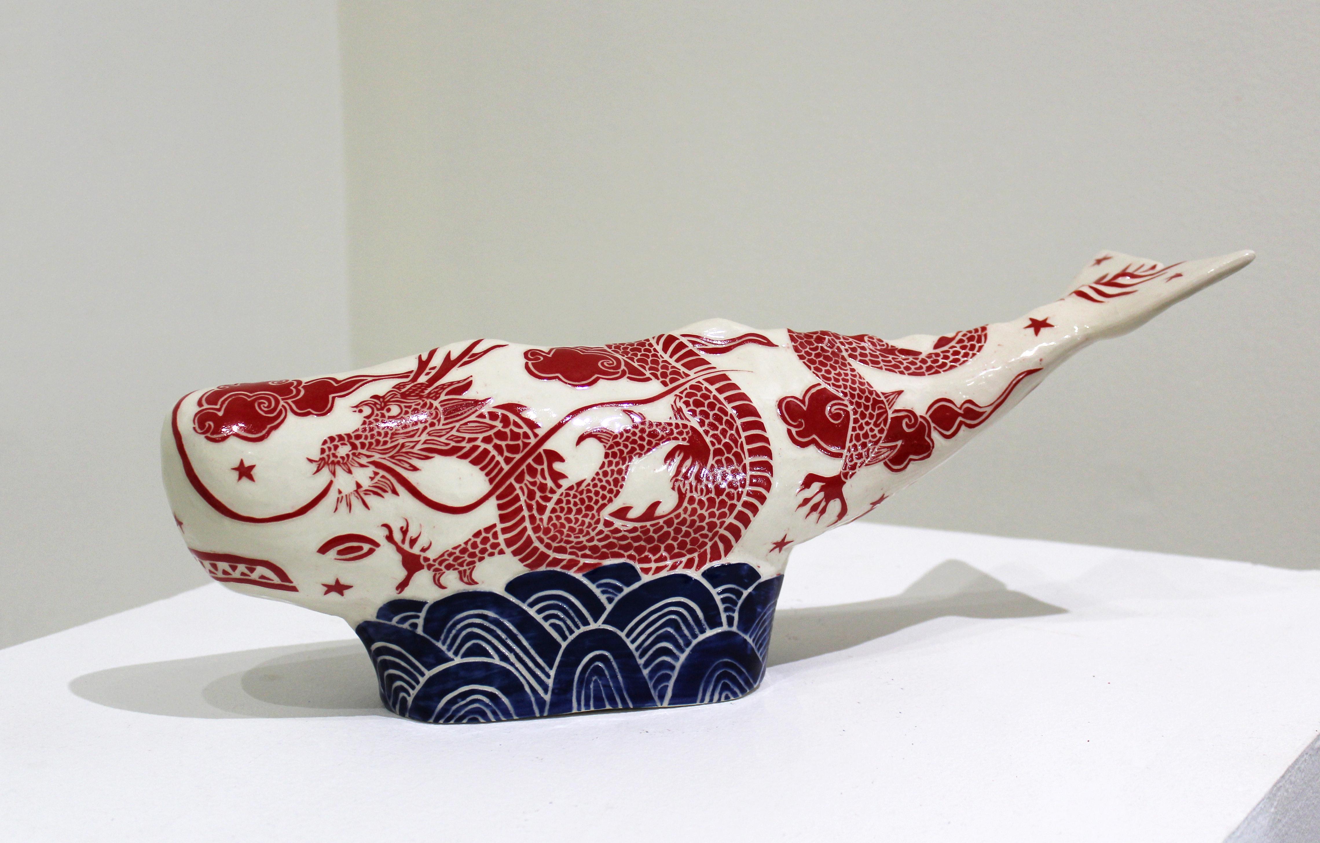 "Whale" with Chinese Dragon, carved sgraffito ceramics, whale sculpture - Sculpture by Abbey Kuhe
