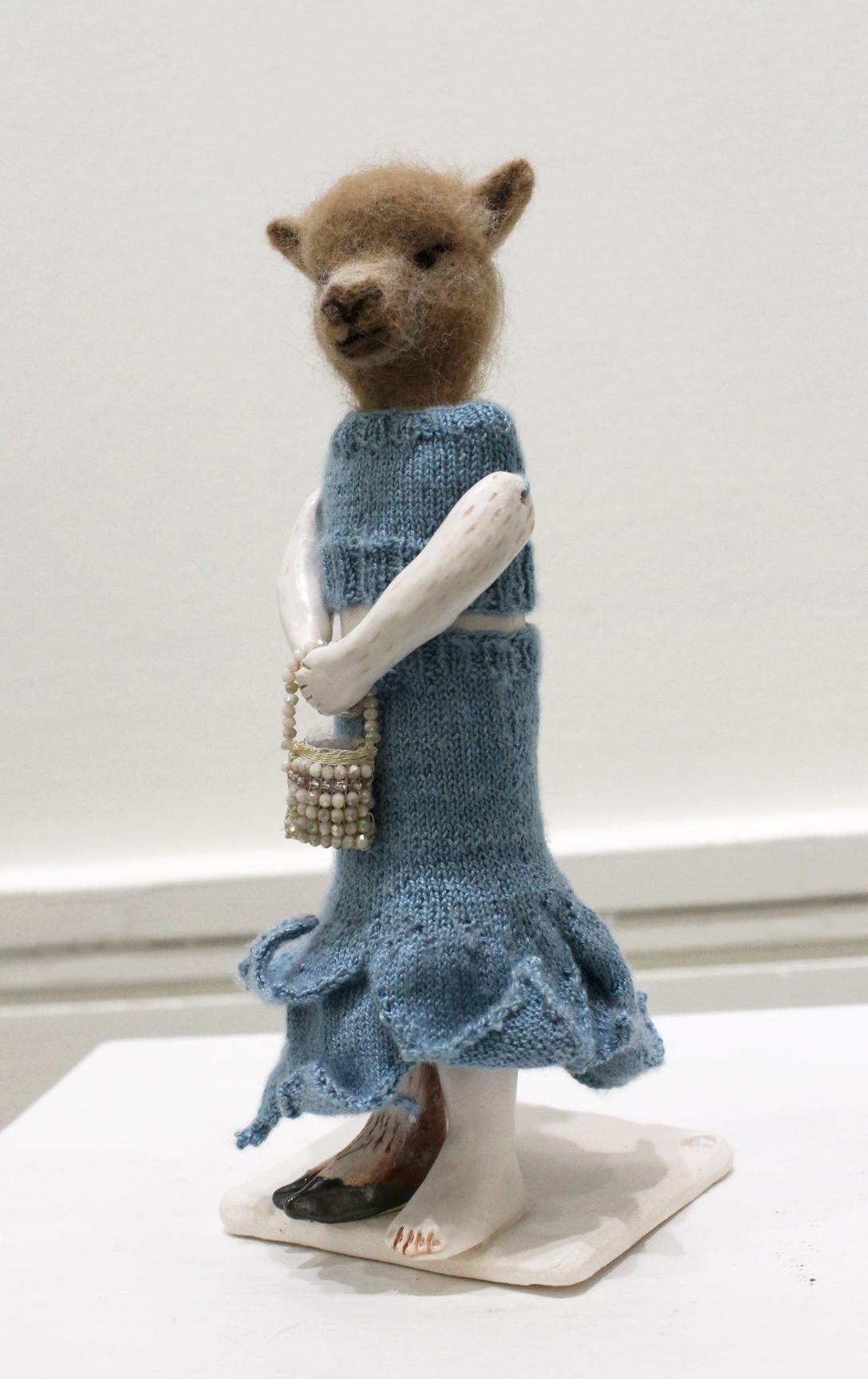 Eva Maier Figurative Sculpture - "All Dressed Up" mixed media, needle felted wool, llama, small, sculpture