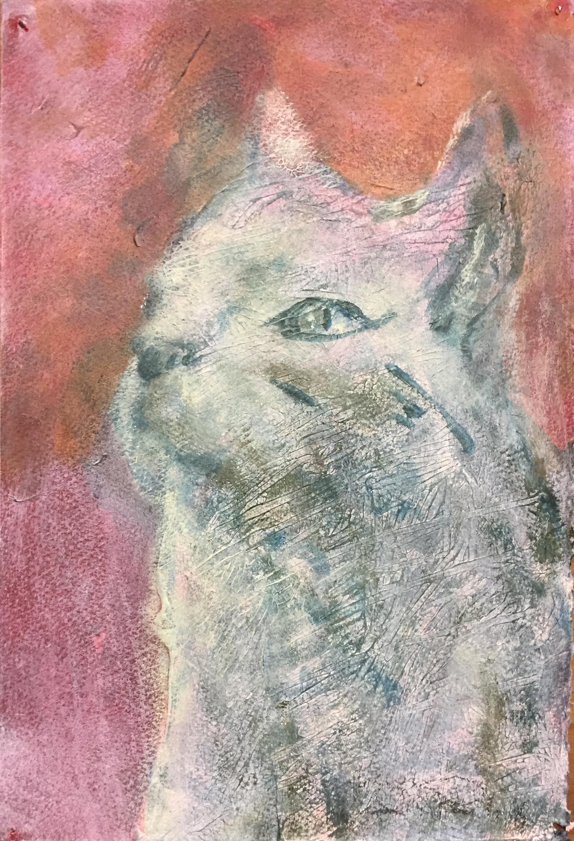 Jesse Poimboeuf Figurative Painting - "Spirit of P" original, acrylic painting on paper, figurative cat portrait 