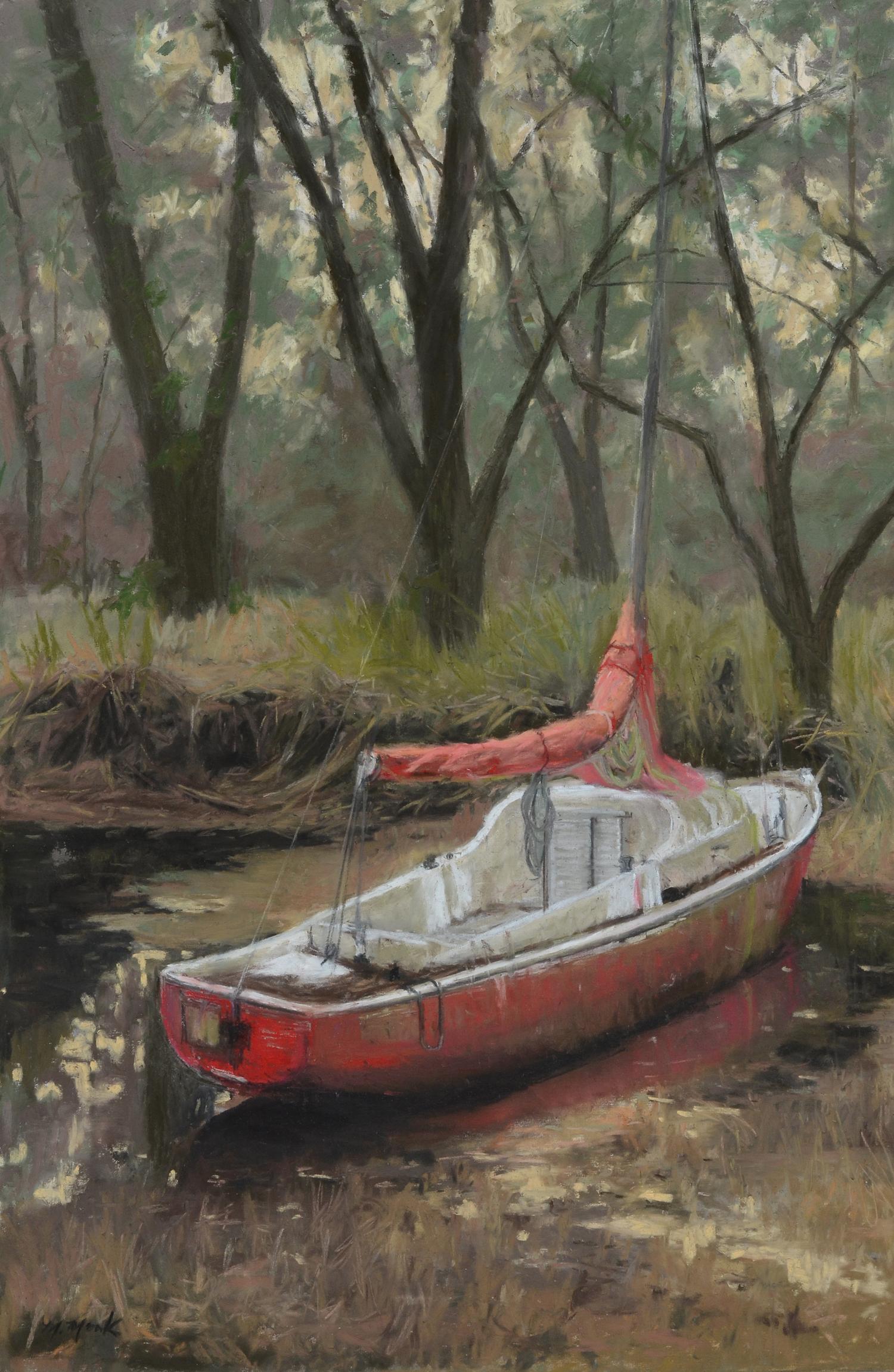 Mary Monk Landscape Art - "Twilight" original soft pastel on paper, en plein air, boat, marsh