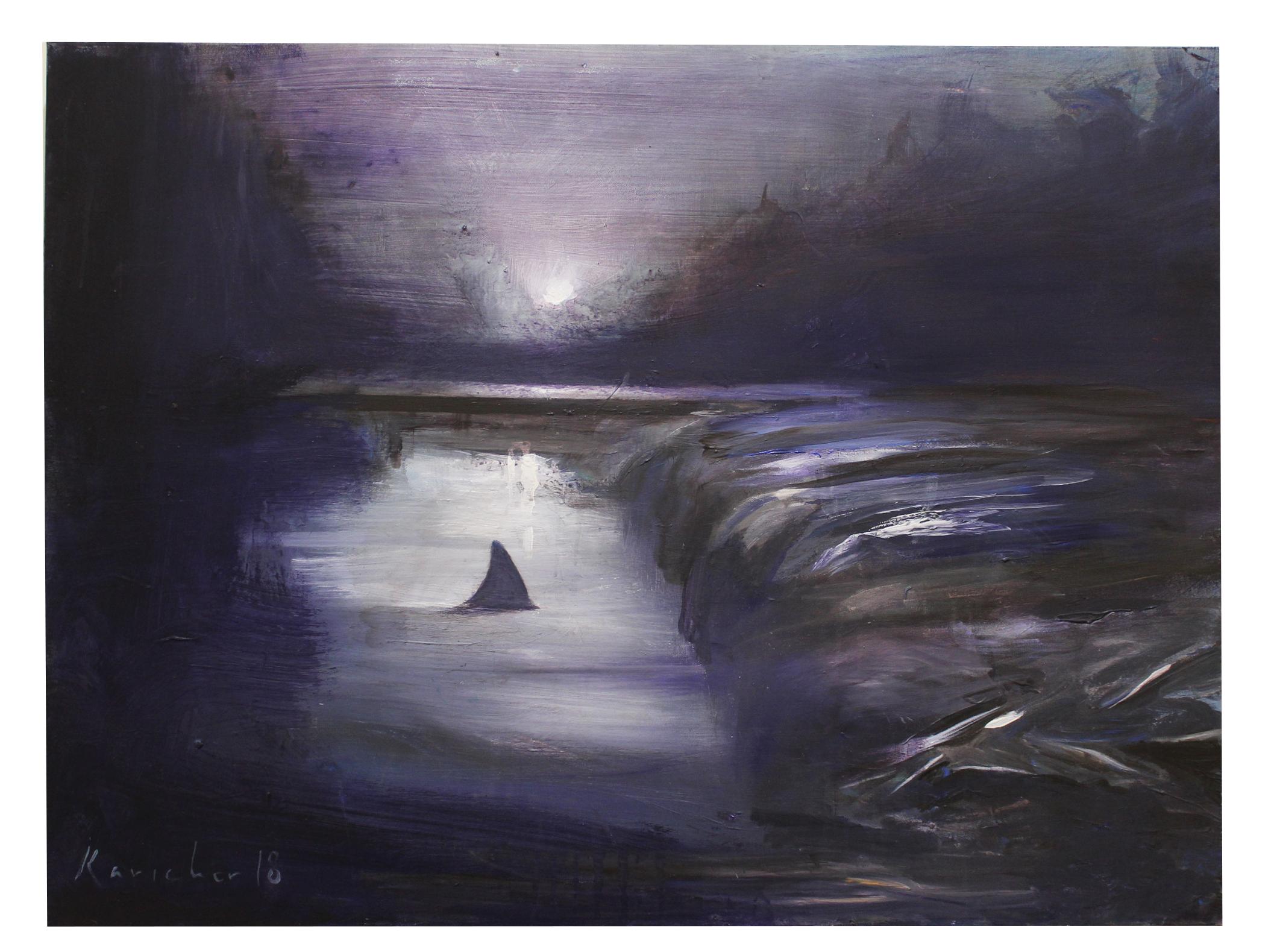 "Another Place #12" oil painting, surrealistic, atmospheric, dark colors, shark - Painting by Tobin Karicher