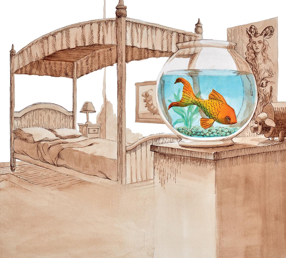 "Fish Named Swimmer" ink and watercolor illustration, bedroom scene, fish  - Art by Kate Samworth