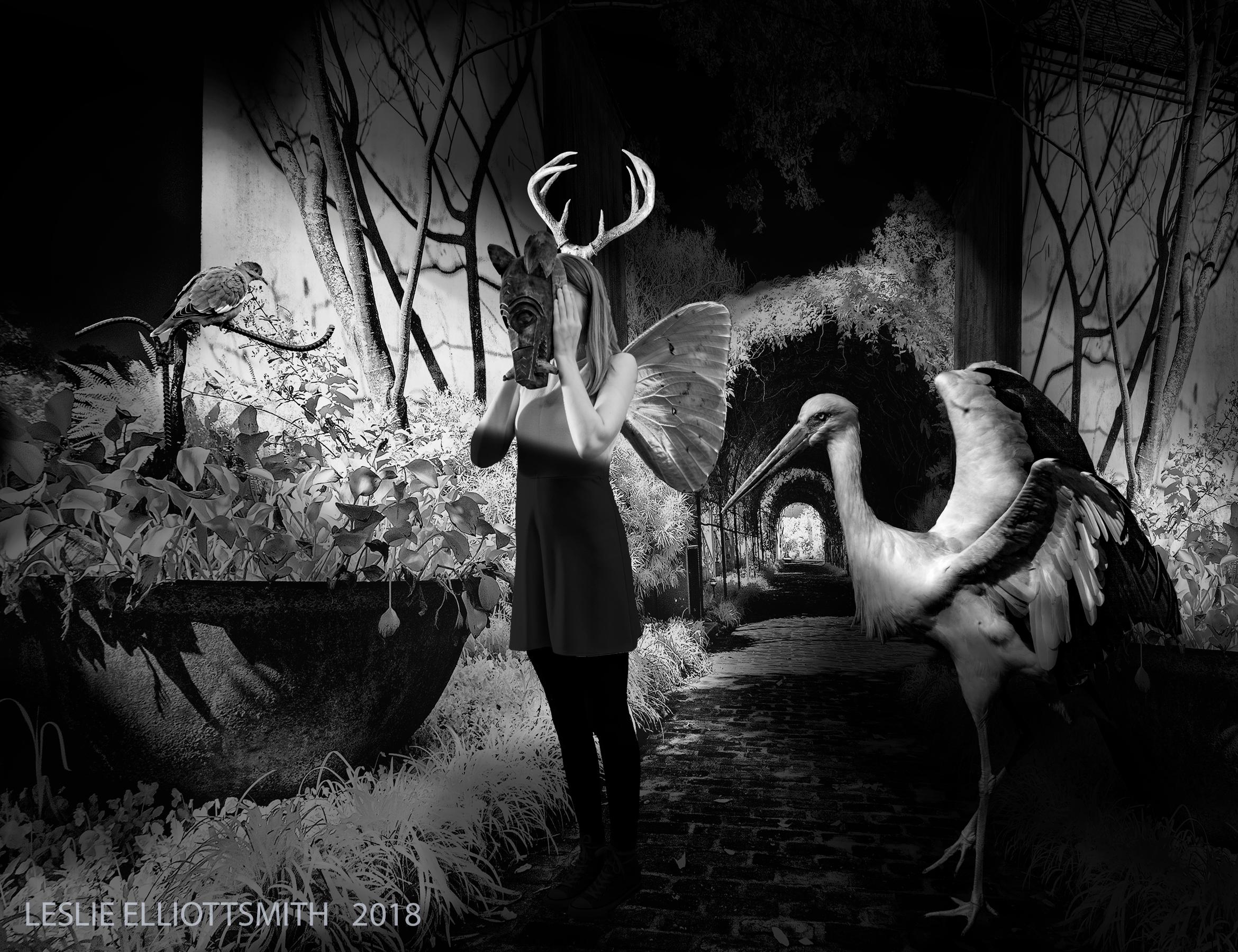 Leslie Elliottsmith Black and White Photograph – "Melas Oneiros" digital print, black and white, animals, female figure