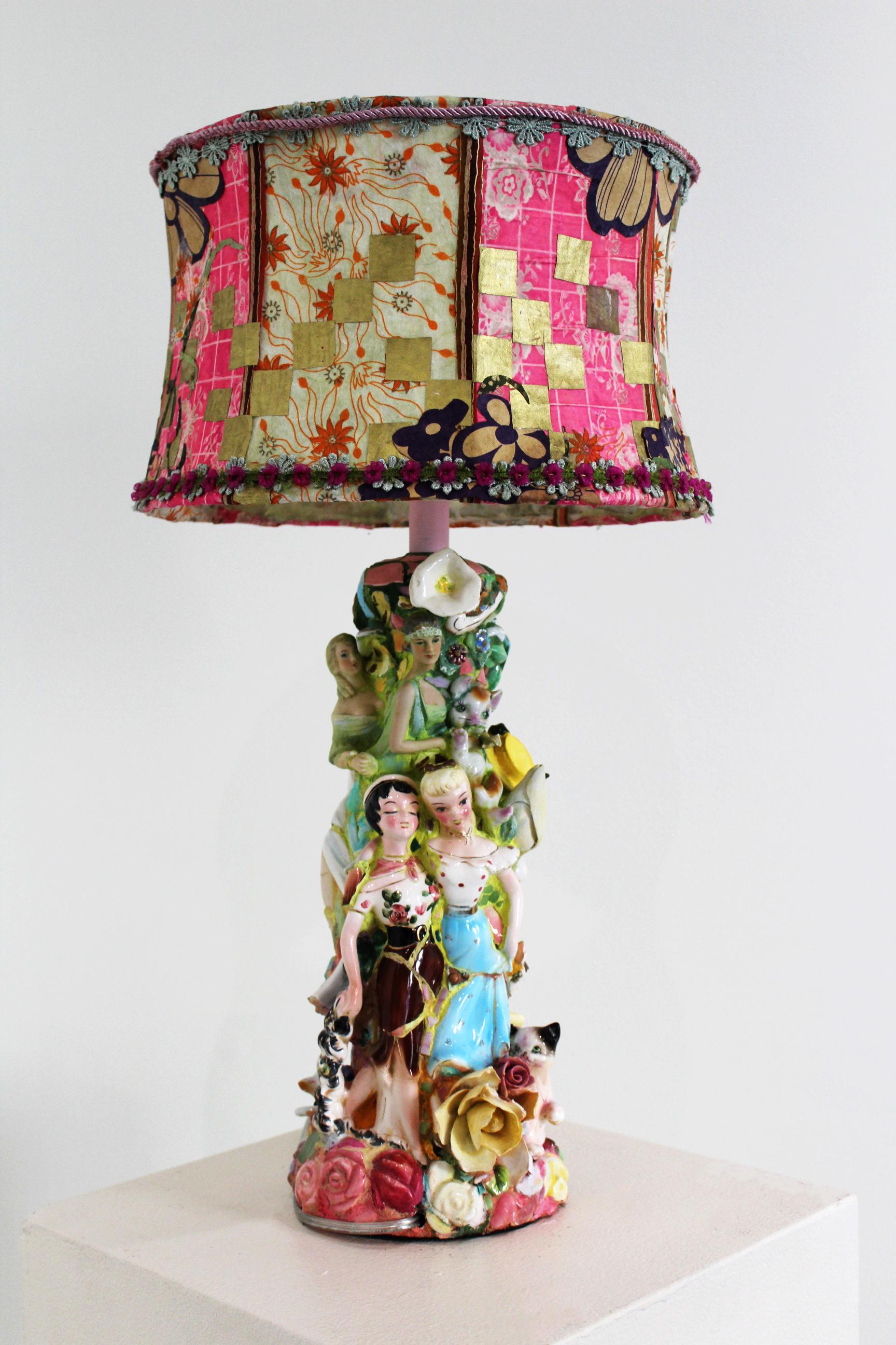 "The L Lamp" mixed media, functional, assembled found & broken figurine pieces - Sculpture by Shannon Landis Hansen
