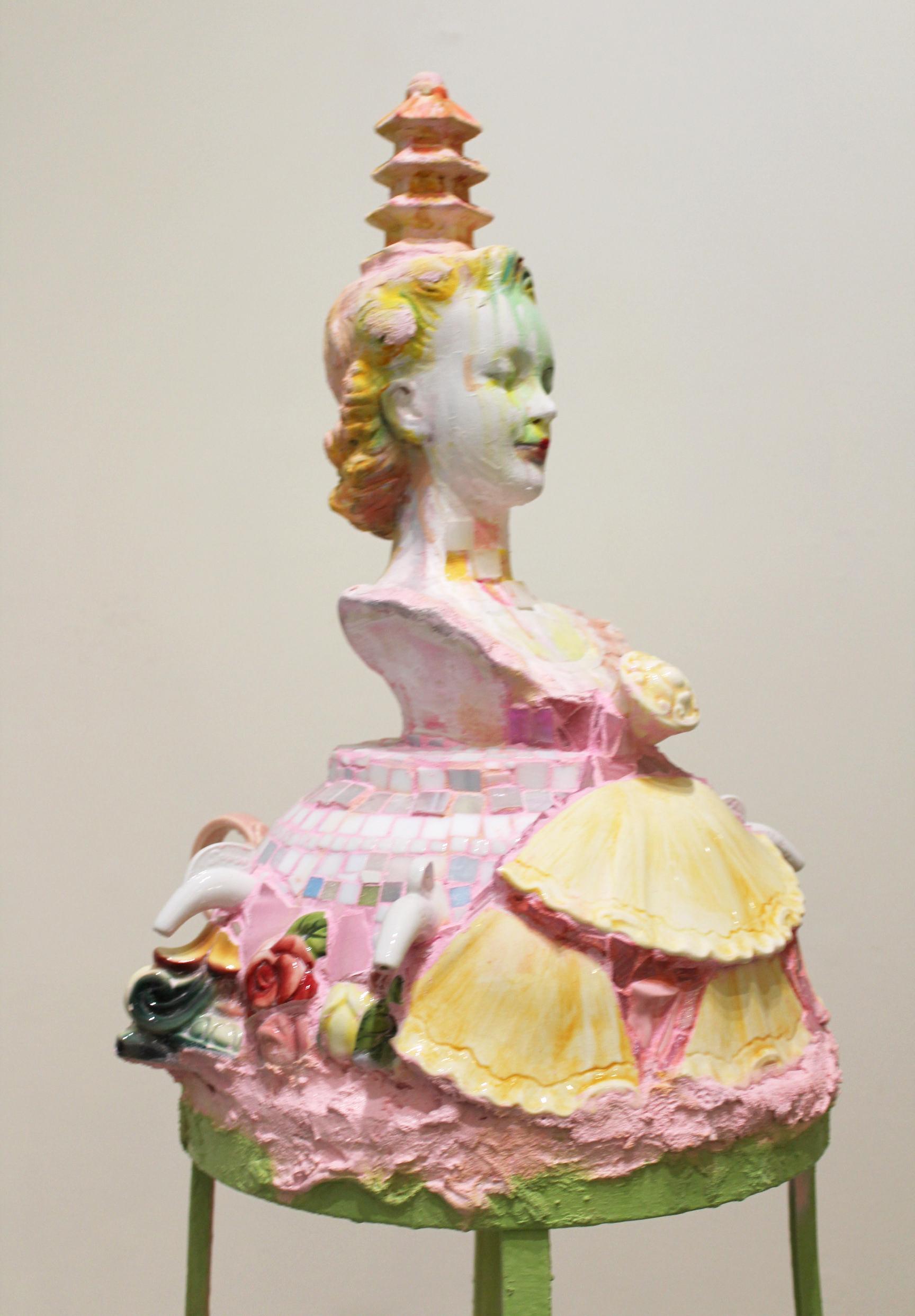 "Cake" mixed media 3D sculpture, female bust, assembled found objects - Sculpture by Shannon Landis Hansen