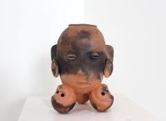 "Tripod Head Vessel 1" terracotta sculpture, head, hollow vessel by John Donovan