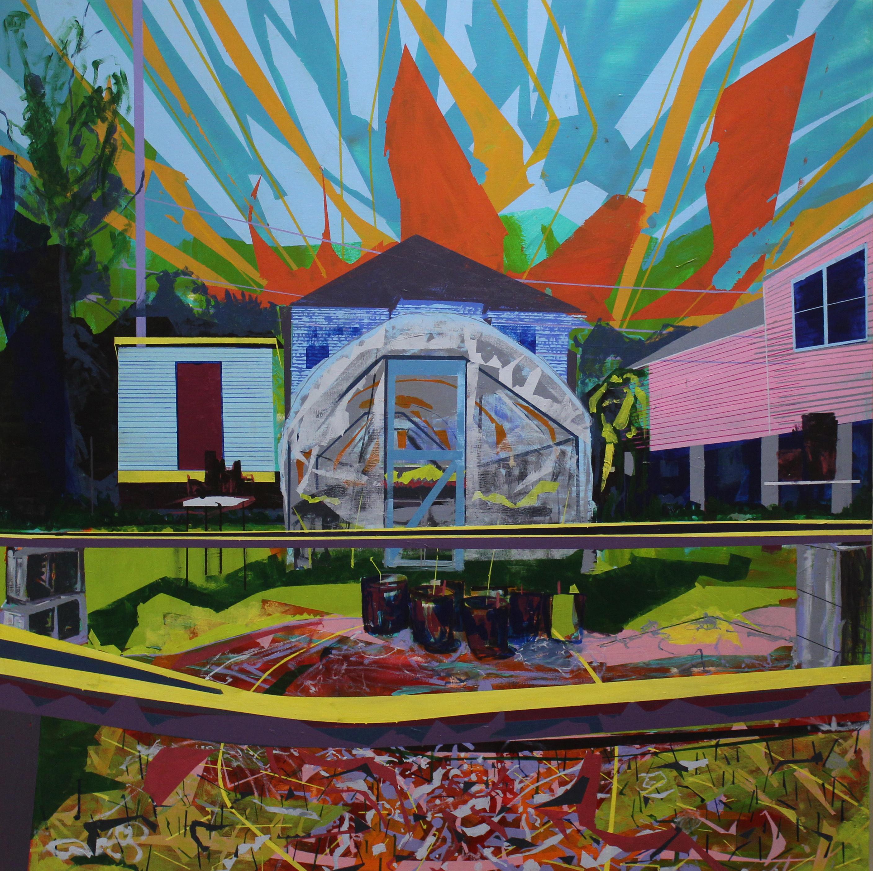 Miro Hoffmann Landscape Painting - "The Last Season: South Gardens" acrylic on panel, bright, urban garden 
