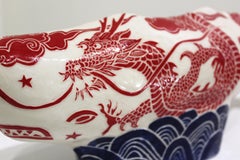 "Whale" with Chinese Dragon, carved sgraffito ceramics, whale sculpture