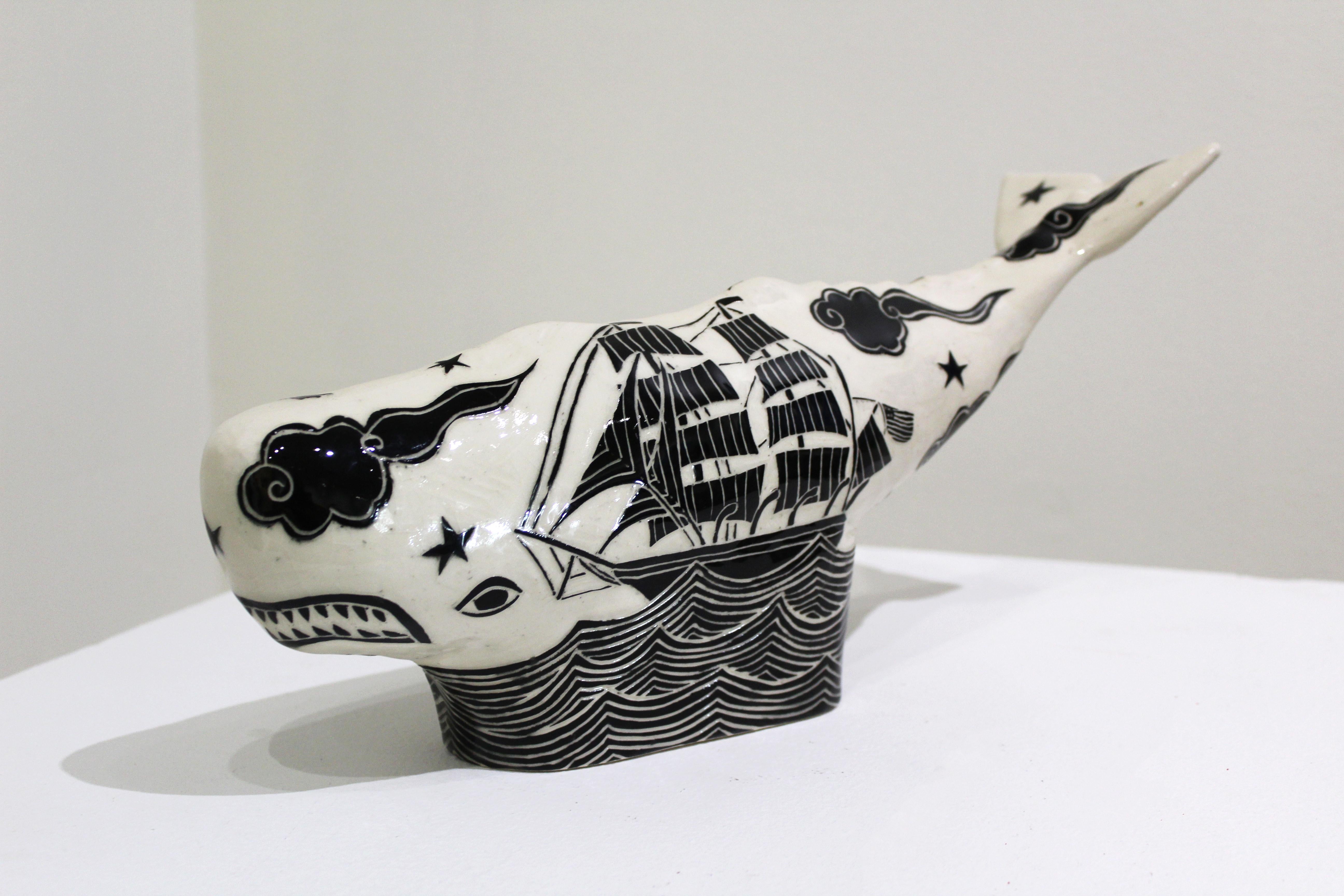 "Whale" with Sea Serpent, carved sgraffito ceramics, black & white, ship - Sculpture by Abbey Kuhe