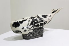 "Whale" with Sea Serpent, carved sgraffito ceramics, black & white, ship