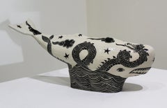 "Whale" with Sea Serpent, carved sgraffito ceramics, black & white, ship